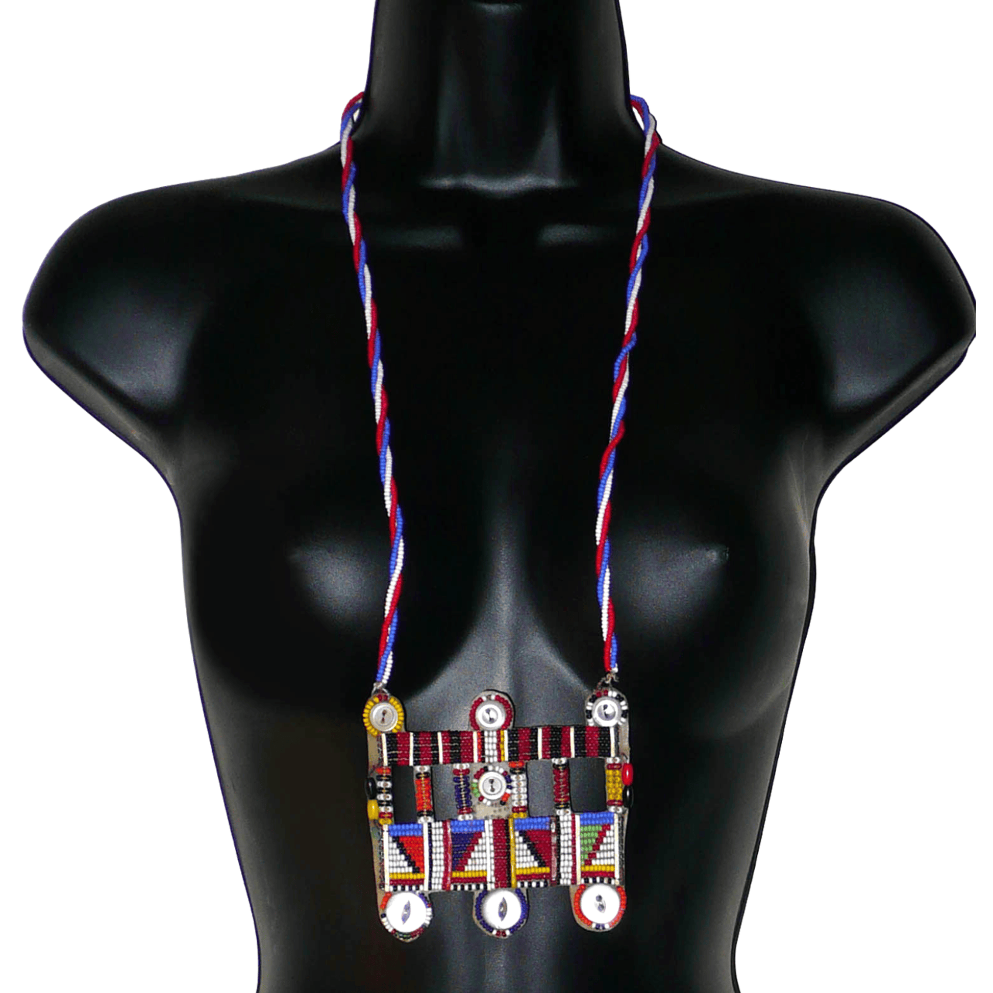 Collier africain traditionnel Massai de style sautoir composé d'une triple chaîne torsadée en perles de rocaille bleues, blanches et rouges ornée d'un large pendentif à motifs ethniques multicolores brodés de perles de rocaille et de boutons.