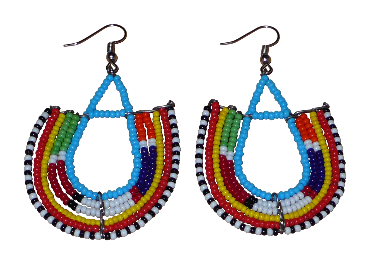 Boucles d'oreilles africaines traditionnelles à motifs ethniques Massai composées de perles de rocaille bleues et multicolores enfilées sur des fils de fer montés en forme d'ancres.
Ces boucles d'oreilles colorées au style exotique tribal chic mesurent 7.5 cm de long et 4.5 cm de large, elles se portent avec des crochets en acier inoxydable sur des oreilles percées.