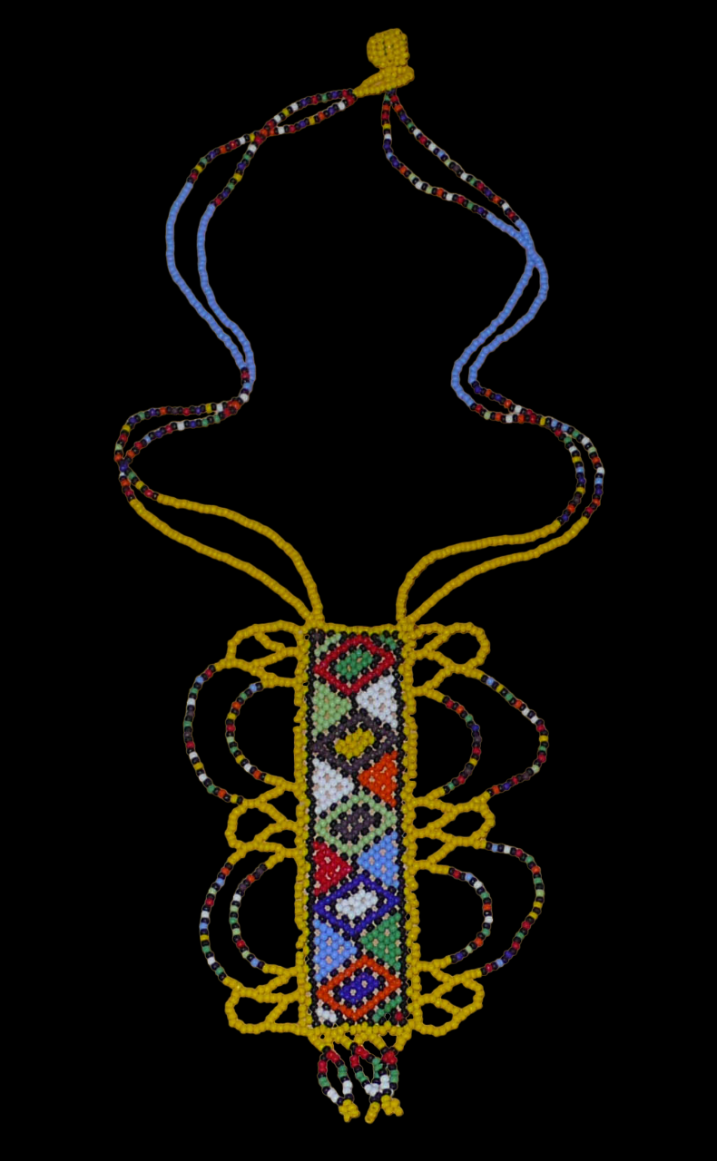 Collier africain jaune orné d'un long pendentif décoré de motifs ethniques zoulous multicolores composé de perles de rocaille.