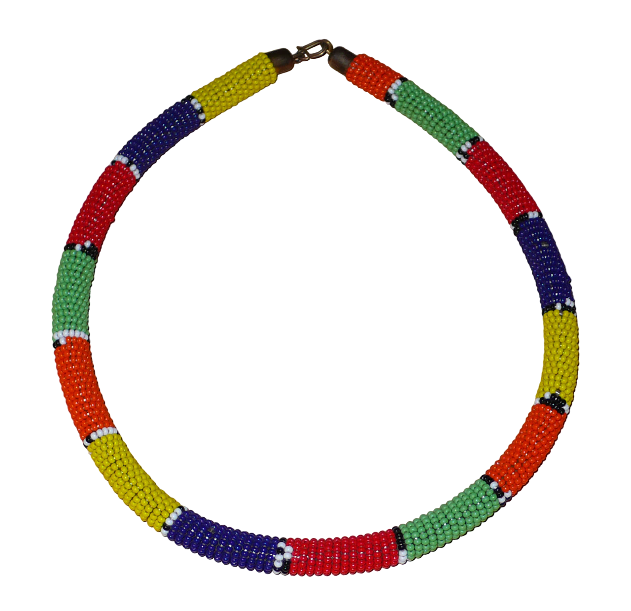 Collier sud-africain tubulaire de tradition zouloue composé de perles de rocaille multicolores.