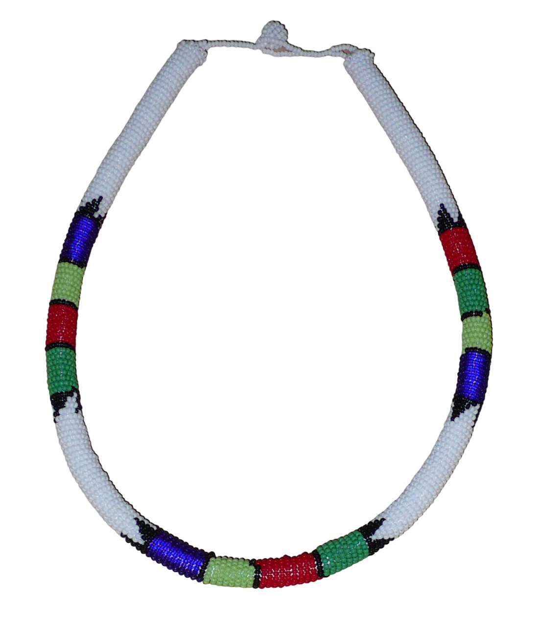Collier africain tubulaire blanc et multicolore fabriqué en Afrique du Sud composé de perles de rocaille enroulées autour d'un tube en plastique.