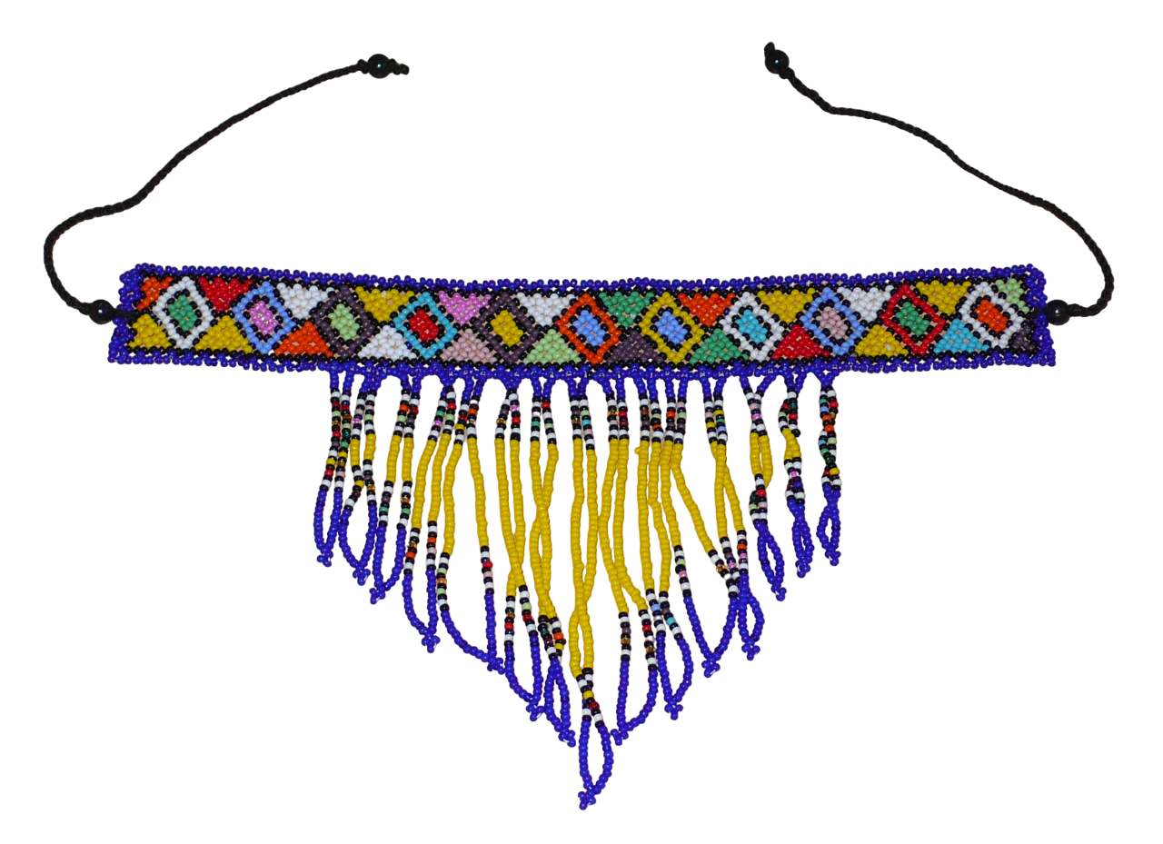 Collier ras de cou sud-africain à franges perlées et motifs ethniques zoulous composé d'un tissage de perles de rocaille bleues, jaunes et multicolores.