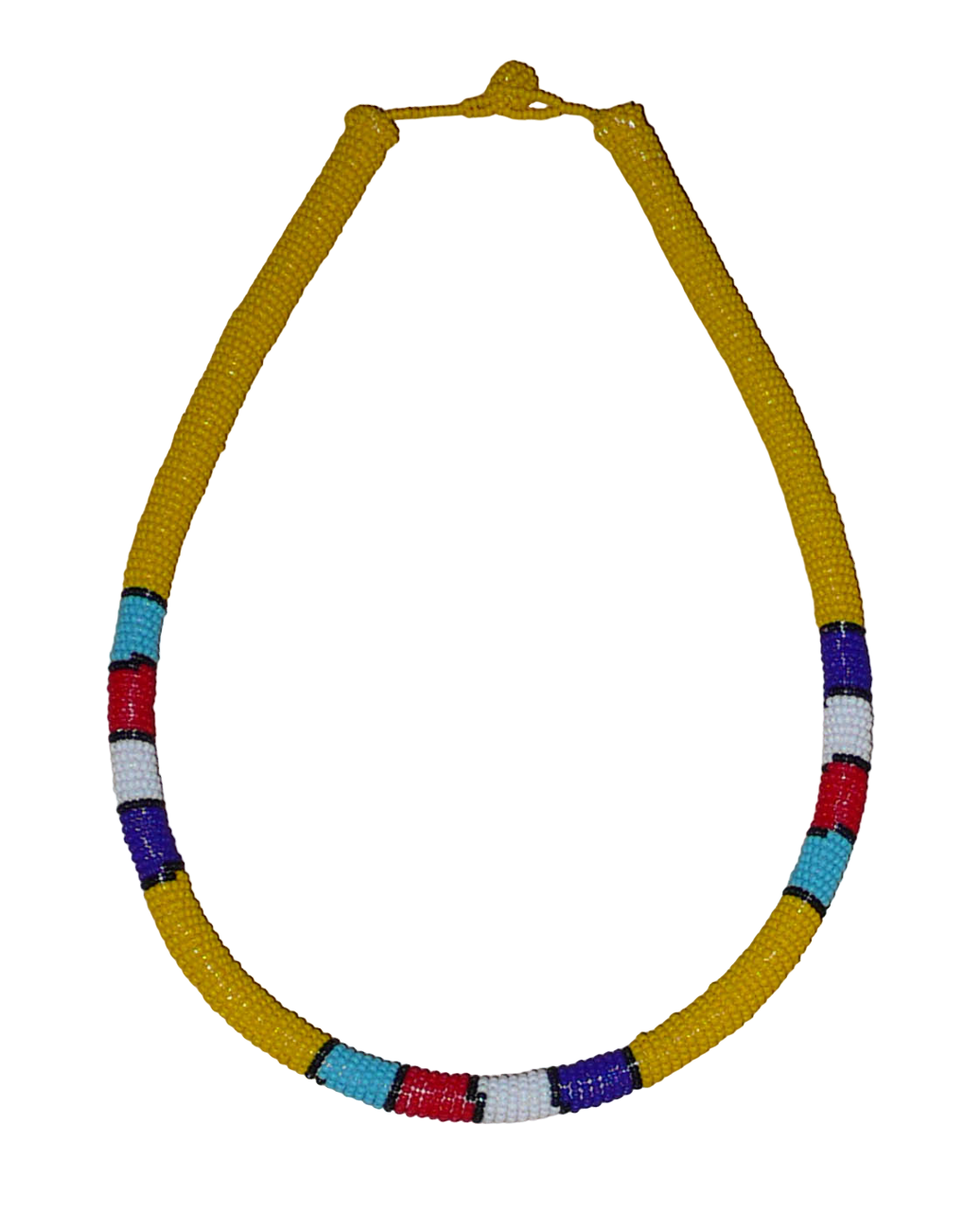 Collier africain tubulaire jaune à motifs ethniques traditionnels zoulous composé de perles de rocaille enroulées autour d'un tube en plastique.