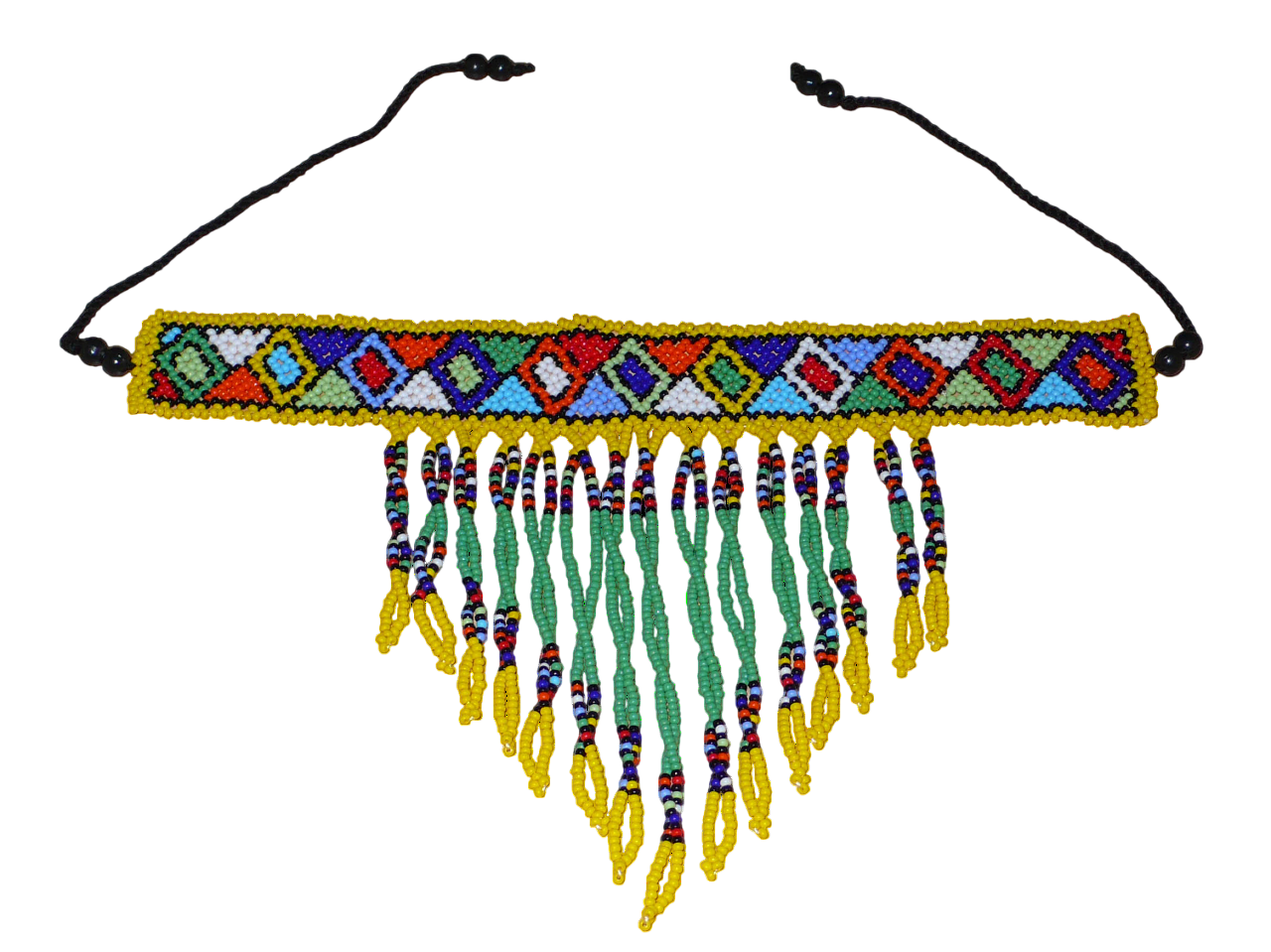 Collier ras de cou sud-africain à franges perlées et à motifs ethniques zoulous composé de perles de rocaille vertes, jaunes et multicolores.