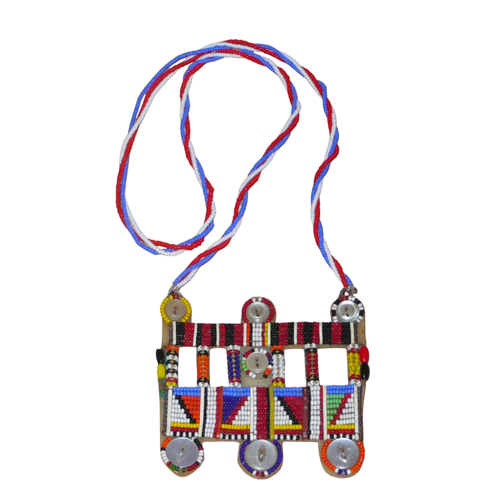Collier africain traditionnel Massai de style sautoir composé d'une triple chaîne torsadée en perles de rocaille bleues, blanches et rouges ornée d'un large pendentif à motifs ethniques multicolores brodés de perles de rocaille et de boutons.