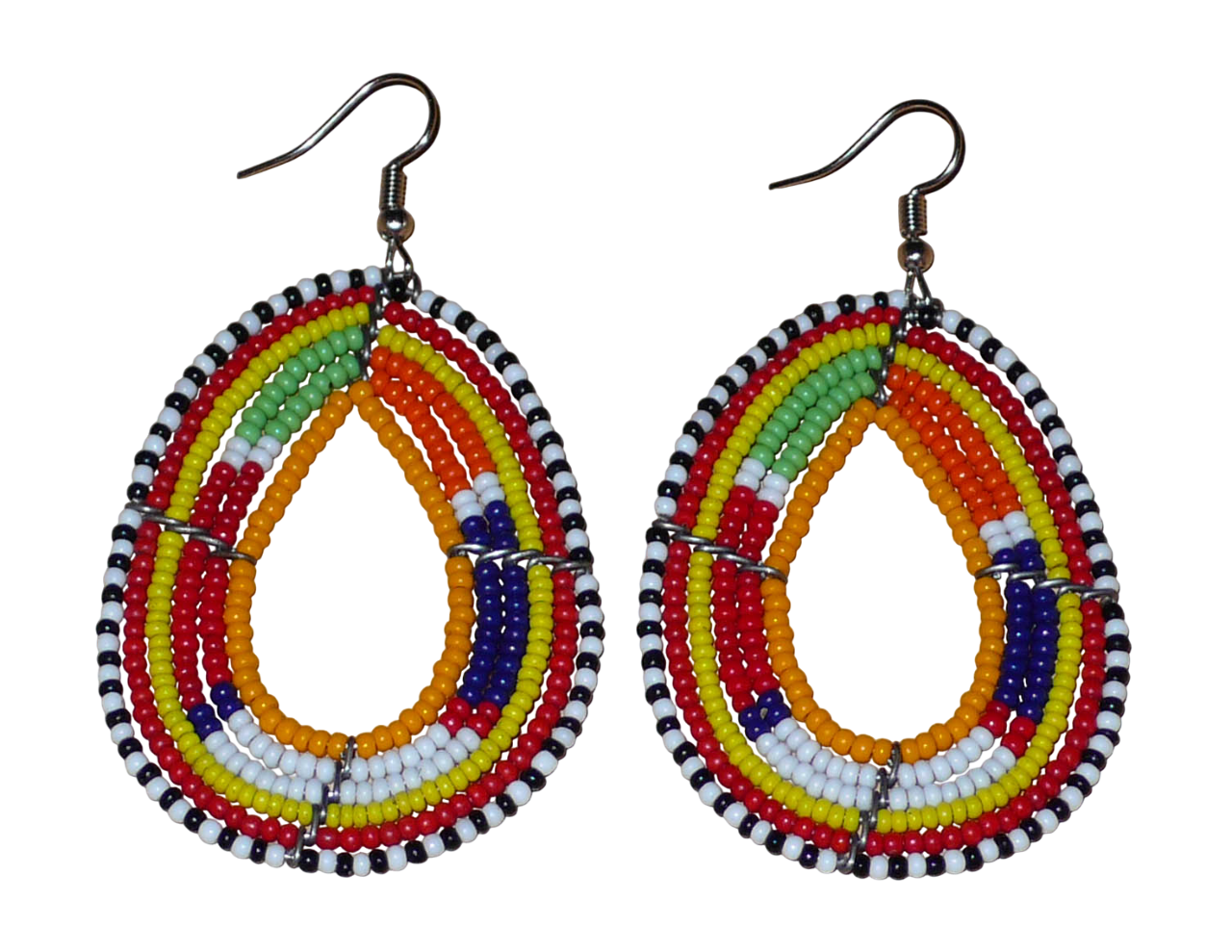 Boucles d'oreilles africaines en forme de gouttes à motifs ethniques Massai composées de perles de rocaille multicolores ; elles mesurent 7,5 cm de long et 4 cm de large.