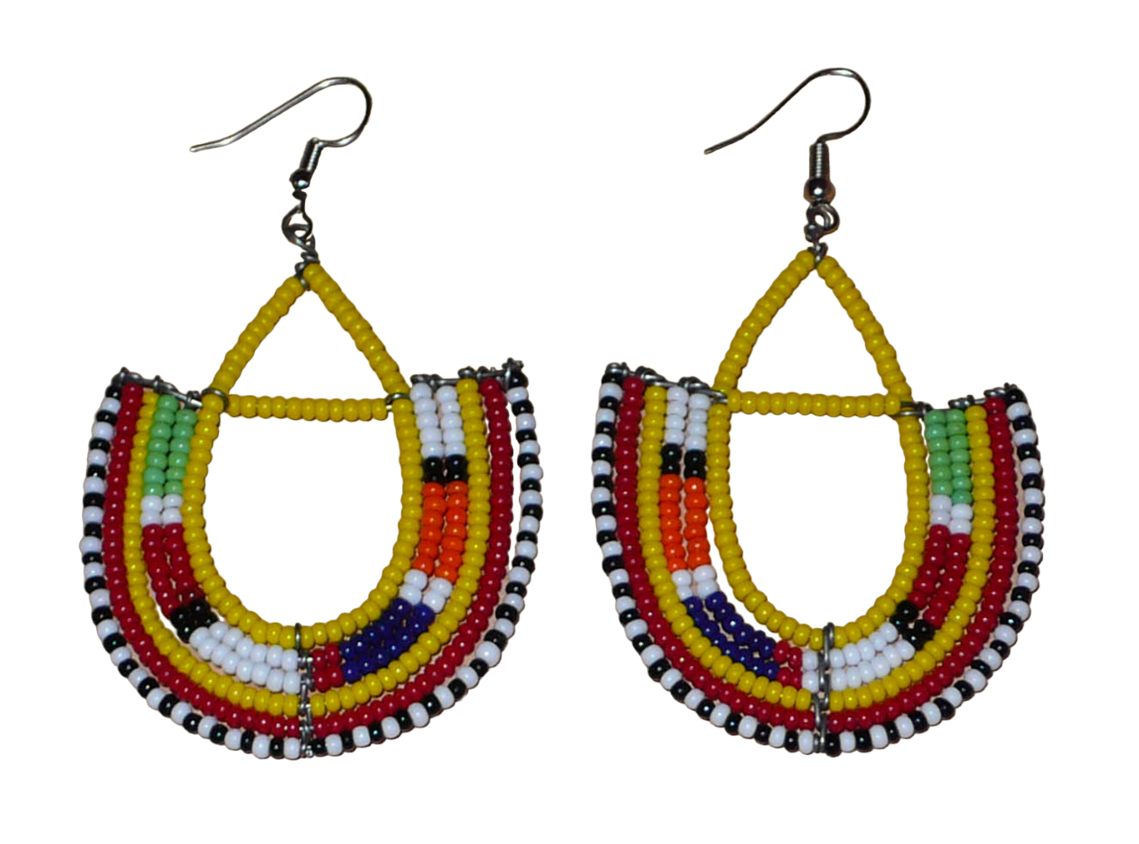 Boucles d'oreilles africaines traditionnelles aux couleurs ethniques et motifs Massai rappelant le style afro chic des années 70 : elles se composent de perles de rocaille jaunes et multicolores fixées sur des structures en fils de fer en forme d'ancres. Elles mesurent 7.5 cm de long et 4.5 cm de large, elles se portent avec des crochets en acier inoxydable sur des oreilles percées.