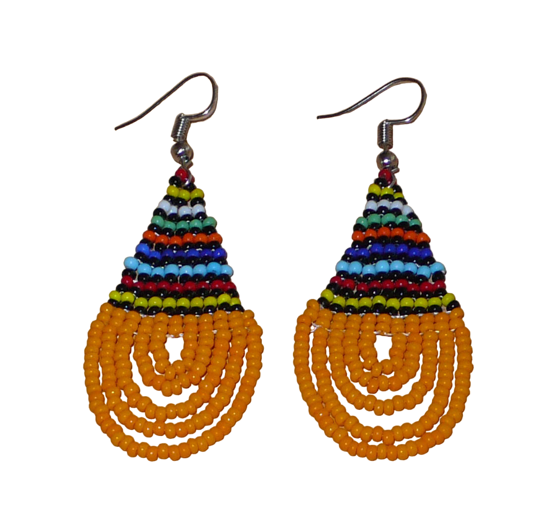 Boucles d'oreilles africaines ethniques en forme de gouttes faites de perles orange clair et multicolores.