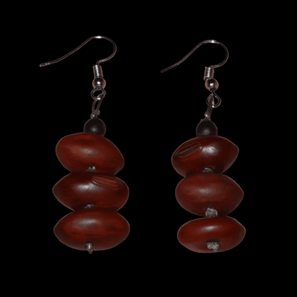 Boucles d'oreilles afro-caribéennes composées de graines organiques issues de la forêt tropicale et de perles de rocailles translucides. De taille moyenne, elles mesurent 6 cm de long et 2 cm de large, et se portent avec des crochets en acier inoxydable sur des oreilles percées.