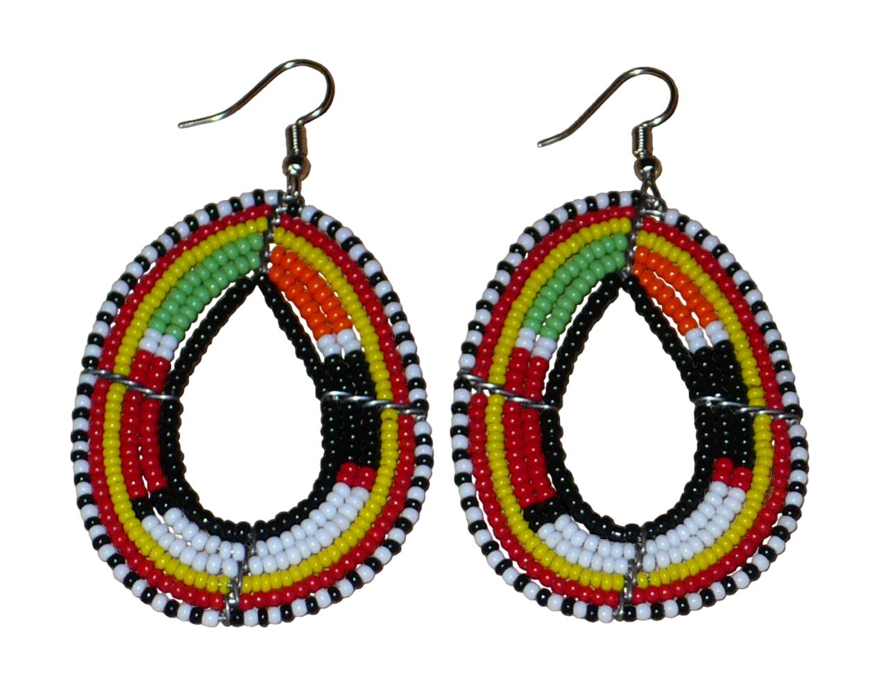 Boucles d'oreilles ethniques Massai en forme de gouttes faites de perles de rocaille multicolores. Elles mesurent 7.5 cm de long et 4 cm de large.