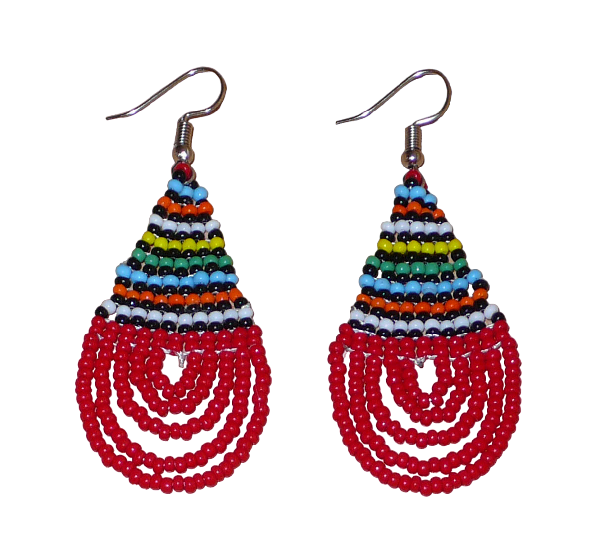 Boucles d'oreilles sud-africaines rouges et multicolores composées de perles de rocaille tissées en forme de gouttes. Elles mesurent 7 cm de long et 2,5 cm de large et se portent sur des oreilles percées.