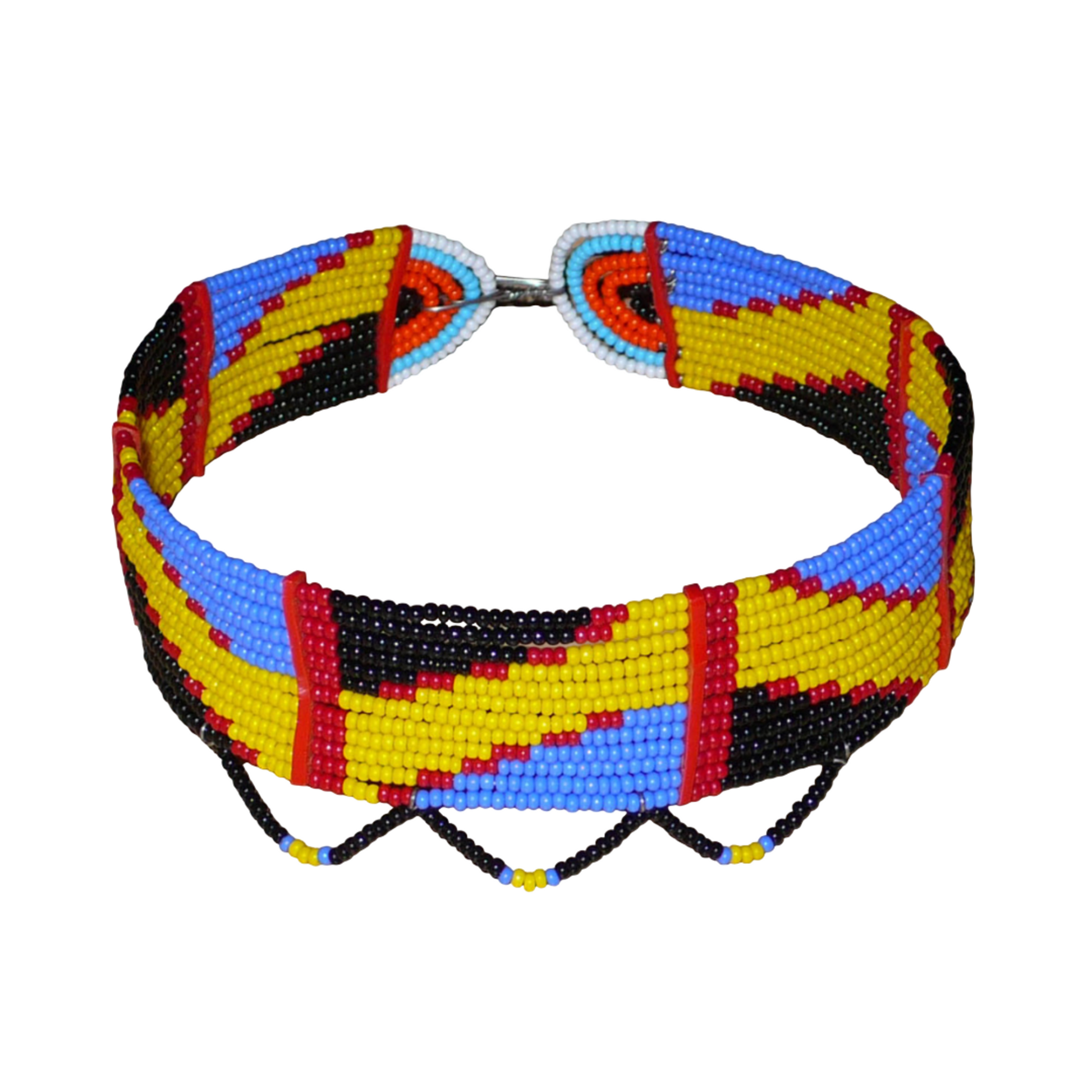 Collier africain Massai multi-rangs à motifs ethniques composé de douze rangées de perles principalement jaunes, bleues, noires et rouges.