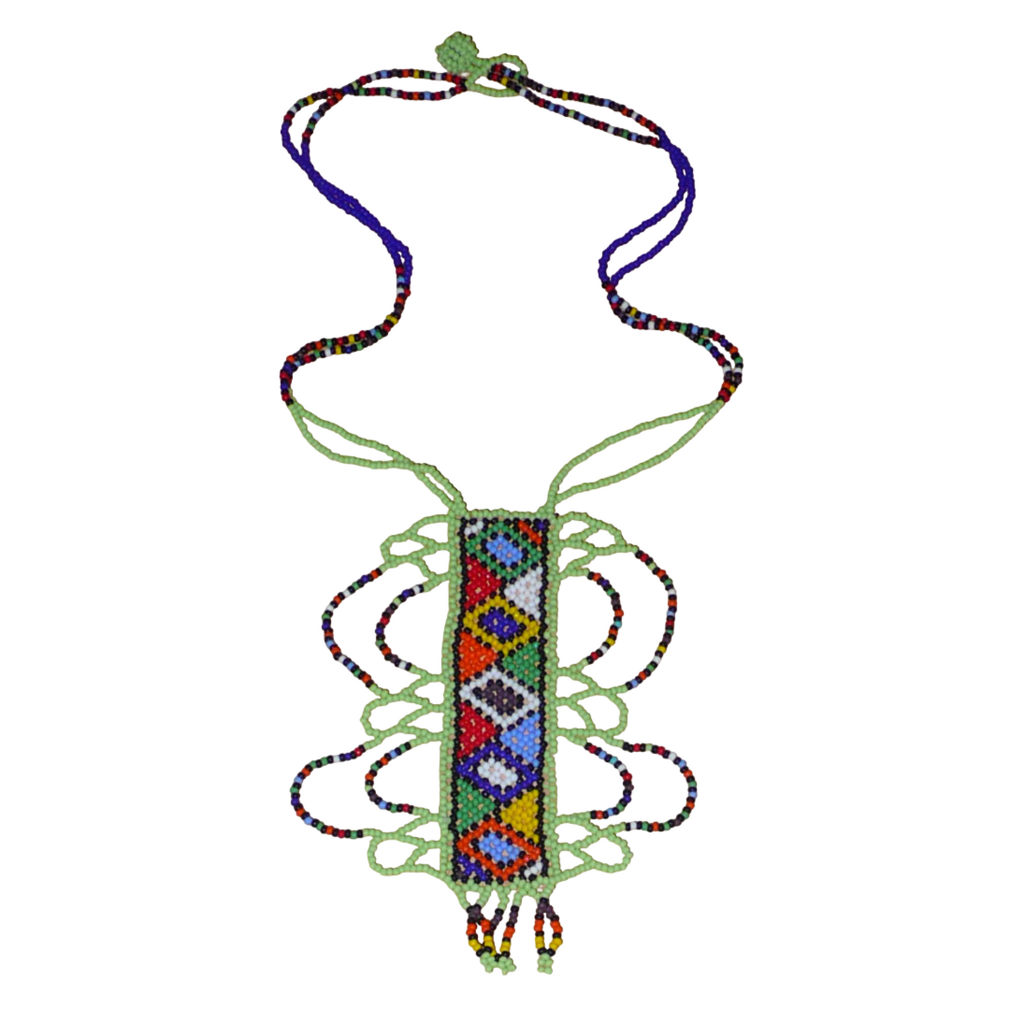 Collier sud-africain vert et multicolore orné d'un long et large pendentif à motifs ethniques zoulous.
