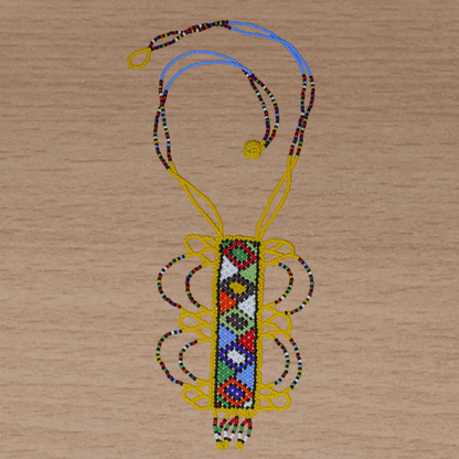 Collier sud-africain jaune orné d'un long pendentif fantaisie décoré de motifs ethniques zoulous multicolores ; il se compose de perles de rocaille et s'attache avec un fermoir à boule.