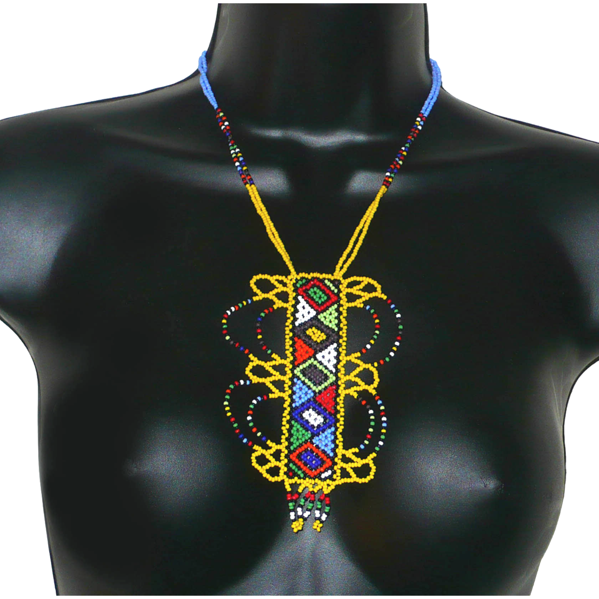 Collier sud-africain jaune orné d'un long pendentif fantaisie décoré de motifs ethniques zoulous multicolores ; il se compose de perles de rocaille et s'attache avec un fermoir à boule.