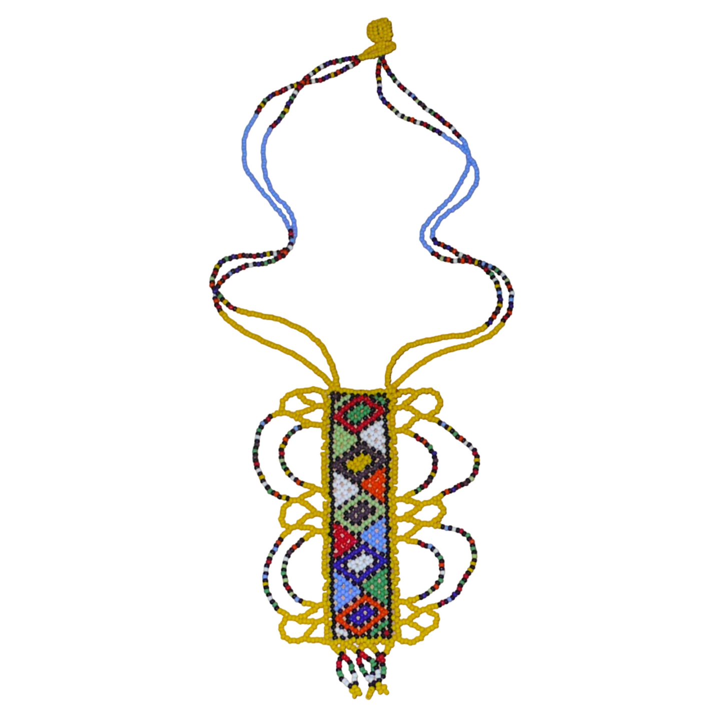 Collier sud-africain jaune orné d'un long pendentif fantaisie décoré de motifs ethniques zoulous multicolores ; il se compose de perles de rocaille et s'attache avec un fermoir à boule.