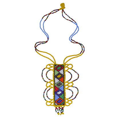 Collier sud-africain jaune orné d'un long pendentif fantaisie décoré de motifs ethniques zoulous multicolores ; il se compose de perles de rocaille et s'attache avec un fermoir à boule.