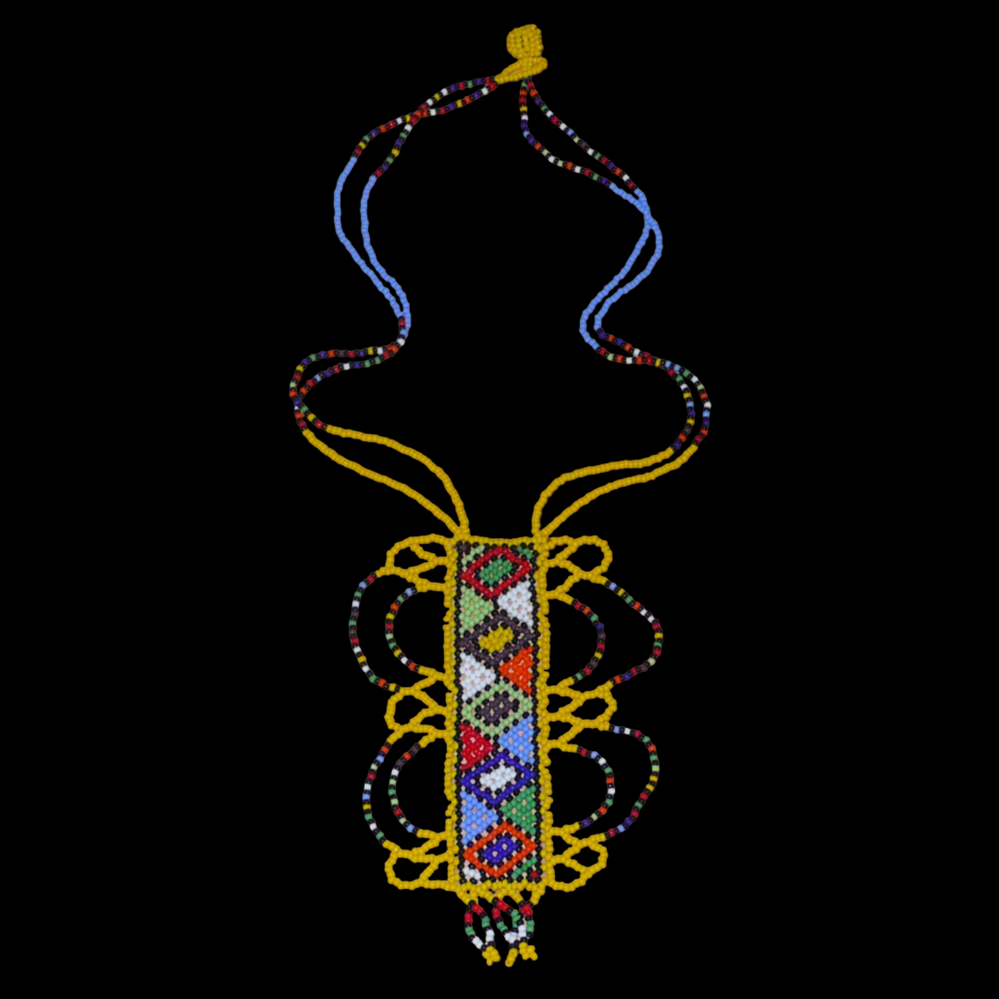 Collier sud-africain jaune orné d'un long pendentif fantaisie décoré de motifs ethniques zoulous multicolores ; il se compose de perles de rocaille et s'attache avec un fermoir à boule.