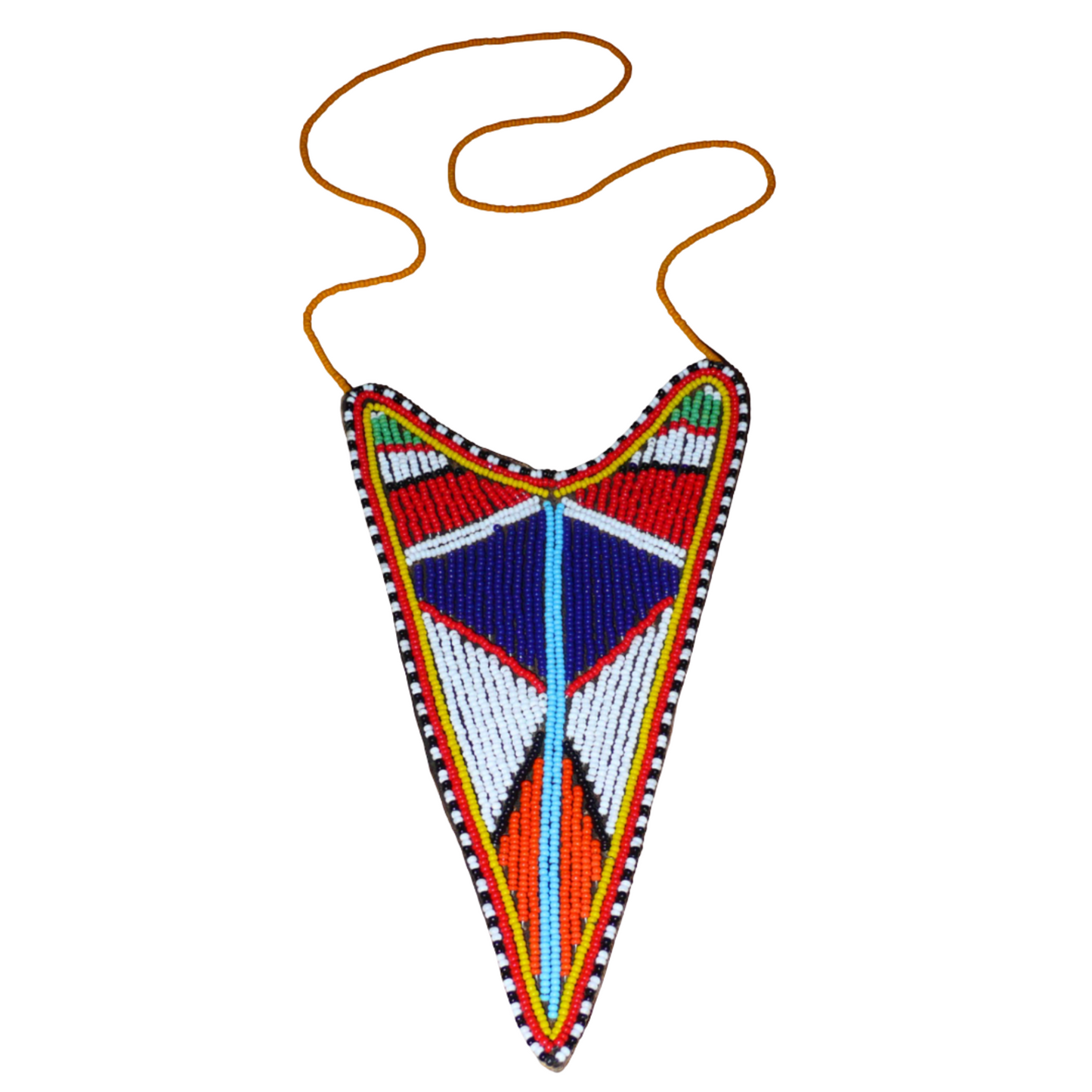 Long collier africain tribal de tradition Massai agrémenté d'un long et large pendentif aux couleurs et motifs ethniques composé d'une broderie de perles de rocaille multicolores.