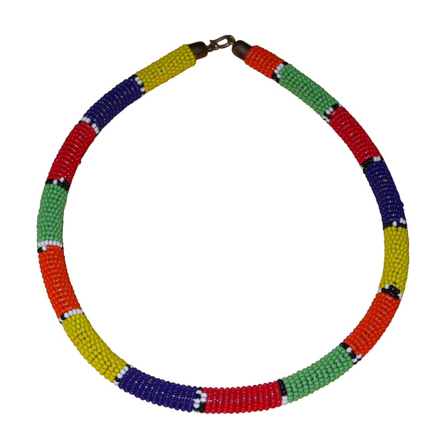 Collier sud-africain tubulaire de tradition zouloue composé de perles de rocaille multicolores.