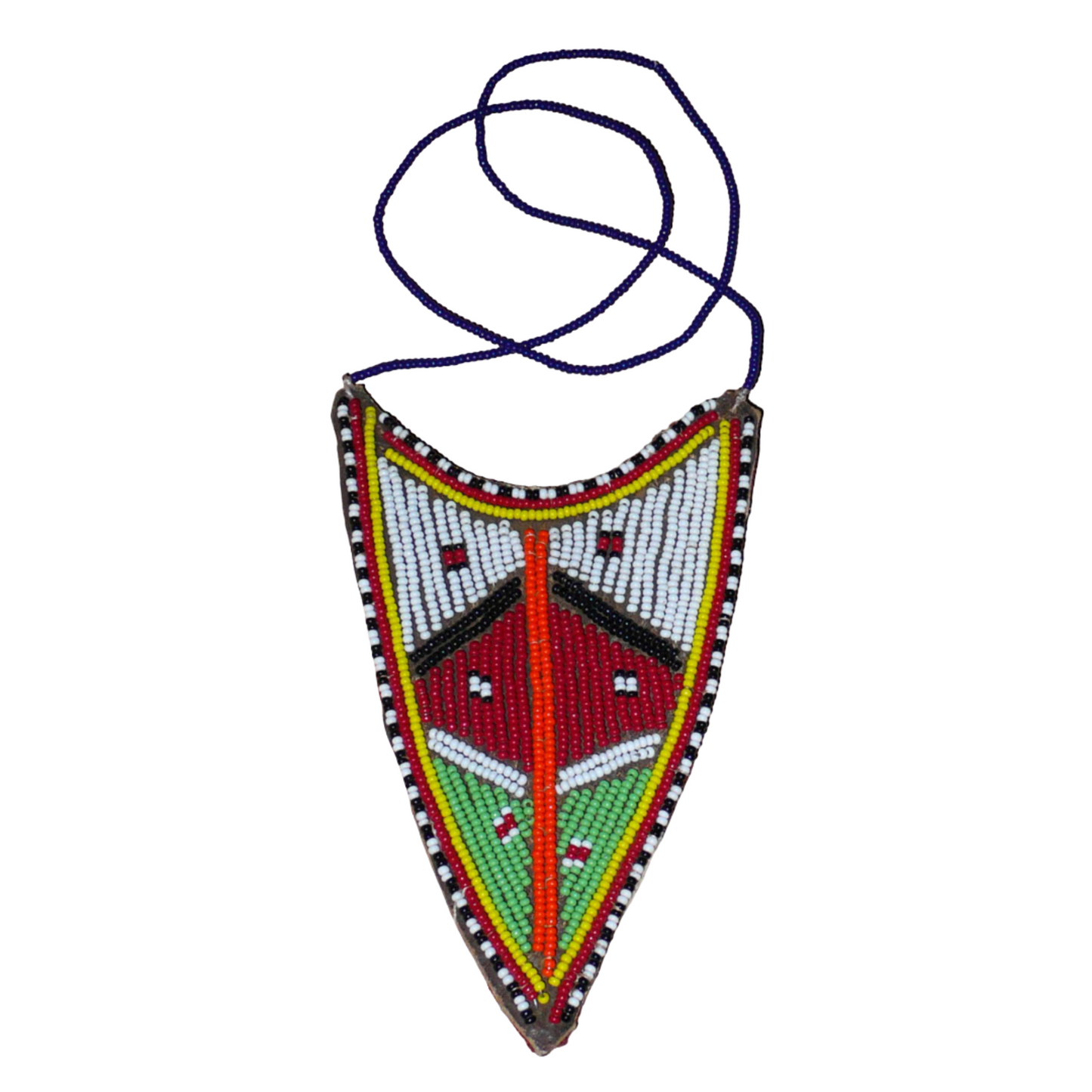 Collier africain tribal de tradition Massai orné d'un long et large pendentif composé d'une broderie de perles de rocaille principalement rouges, vertes et blanches brodées sur un morceau de cuir brut.