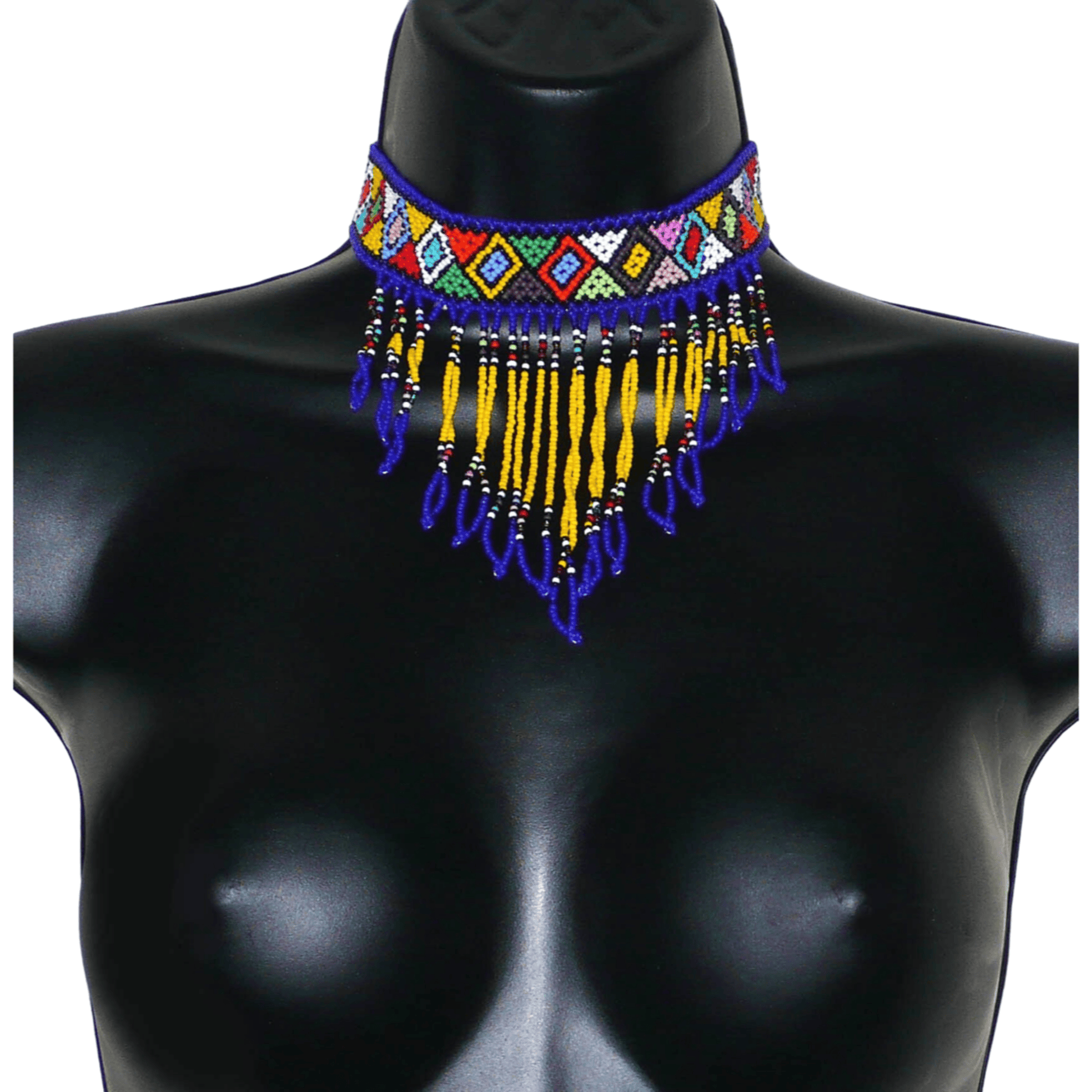 Collier ras de cou sud-africain à franges perlées et motifs ethniques zoulous composé d'un tissage de perles de rocaille bleues, jaunes et multicolores.