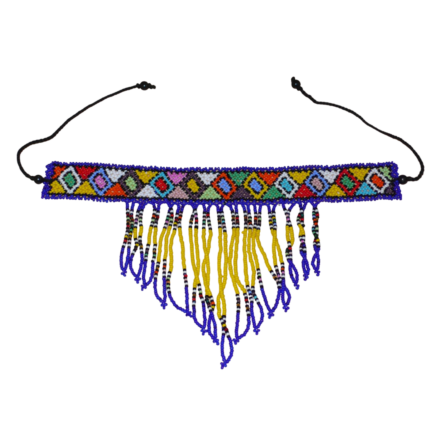 Collier ras de cou sud-africain à franges perlées et motifs ethniques zoulous composé d'un tissage de perles de rocaille bleues, jaunes et multicolores.