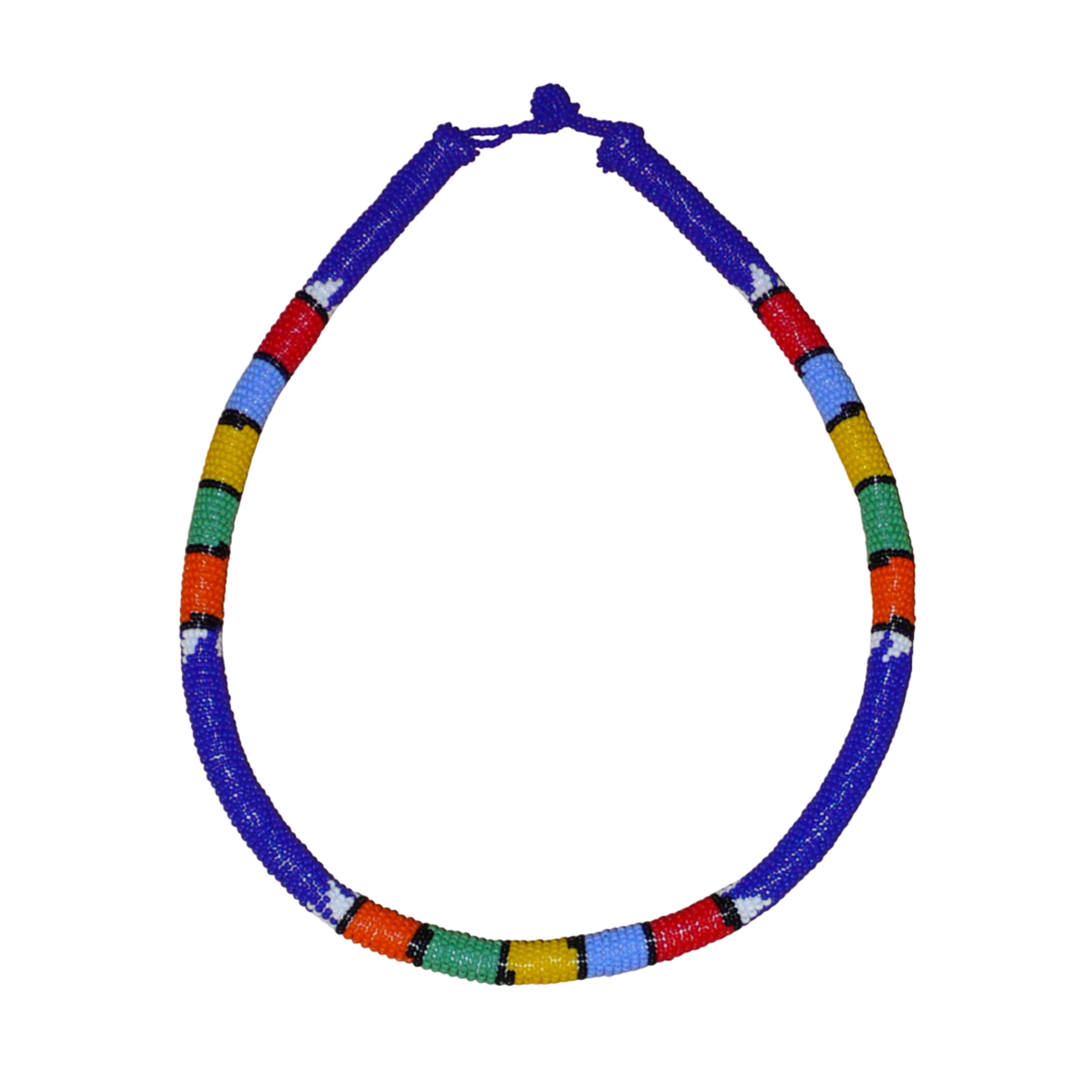 Collier sud-africain tubulaire bleu à motifs zoulous multicolores composé de perles de rocaille enroulées autour d'un tube.