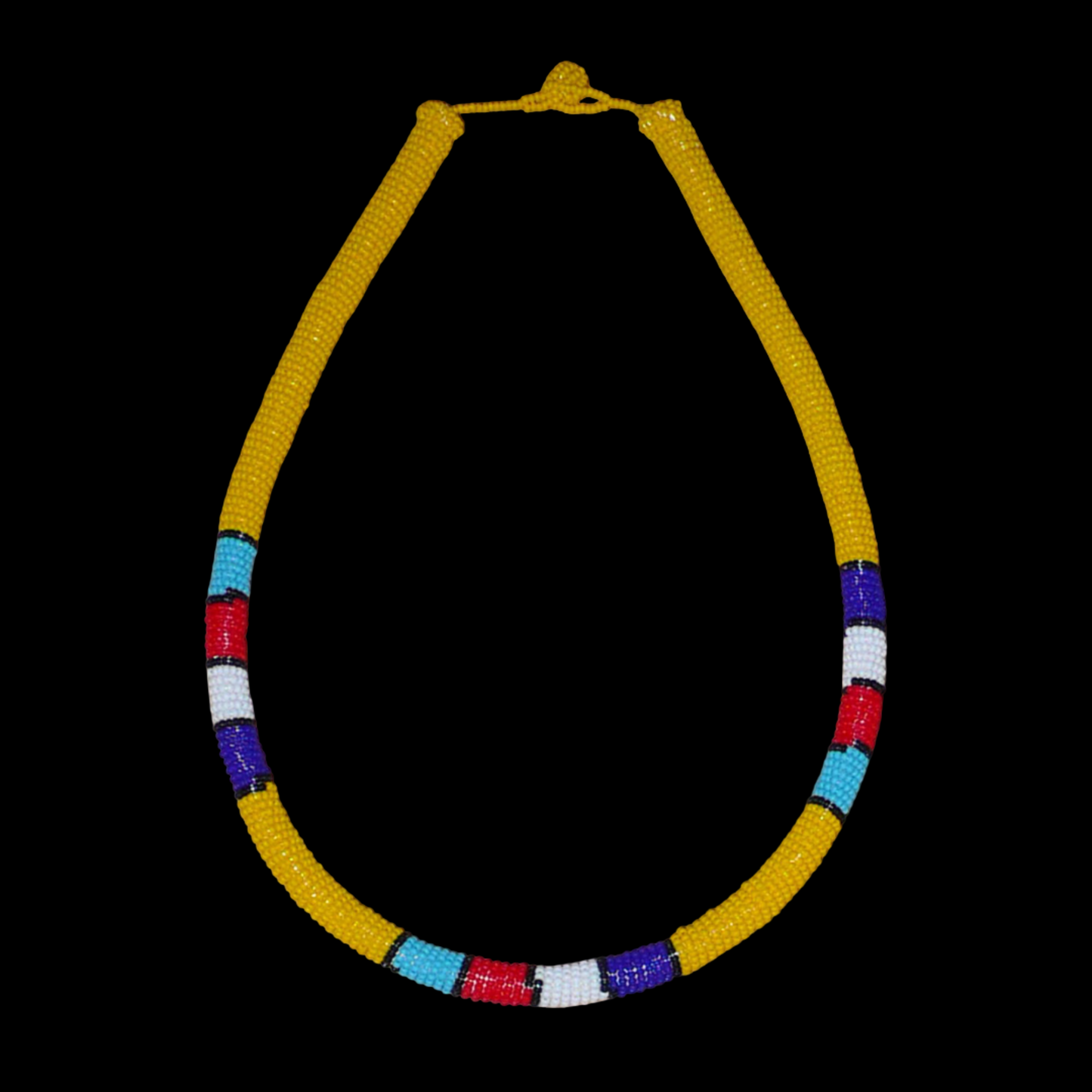 Collier africain tubulaire jaune à motifs ethniques traditionnels zoulous composé de perles de rocaille enroulées autour d'un tube en plastique.