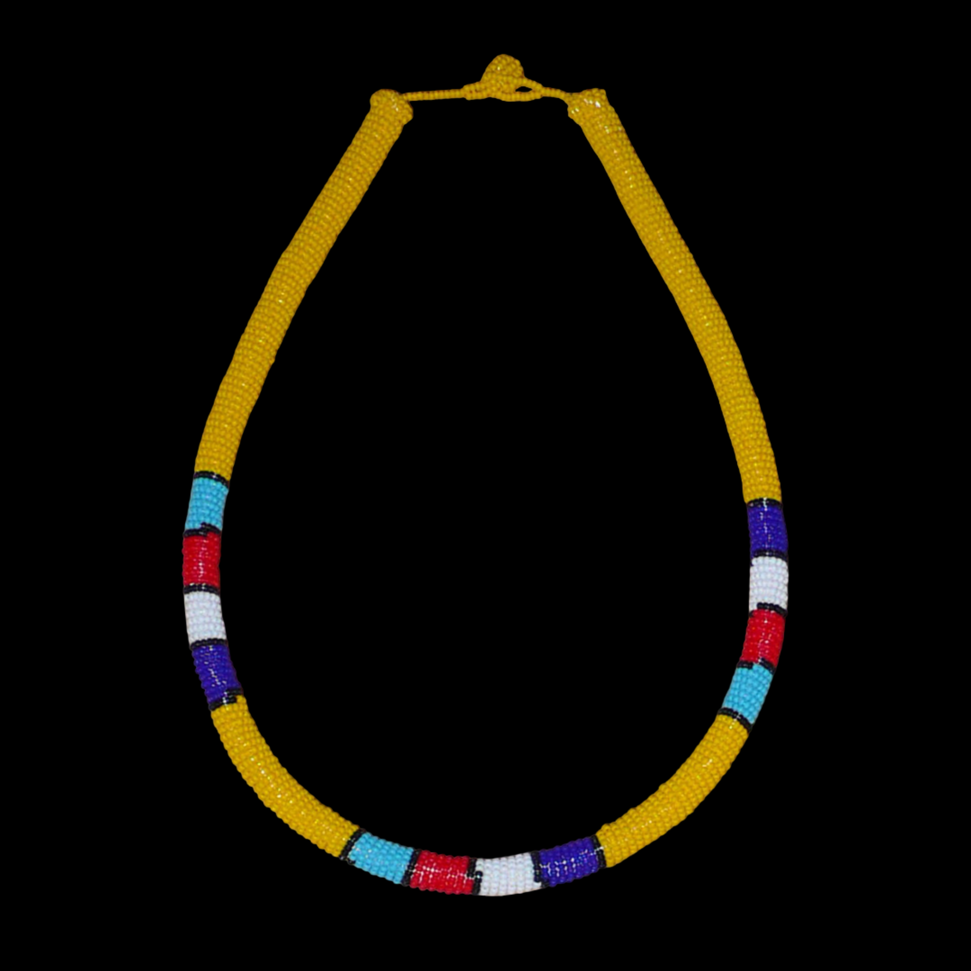 Collier africain tubulaire jaune à motifs ethniques traditionnels zoulous composé de perles de rocaille enroulées autour d'un tube en plastique.