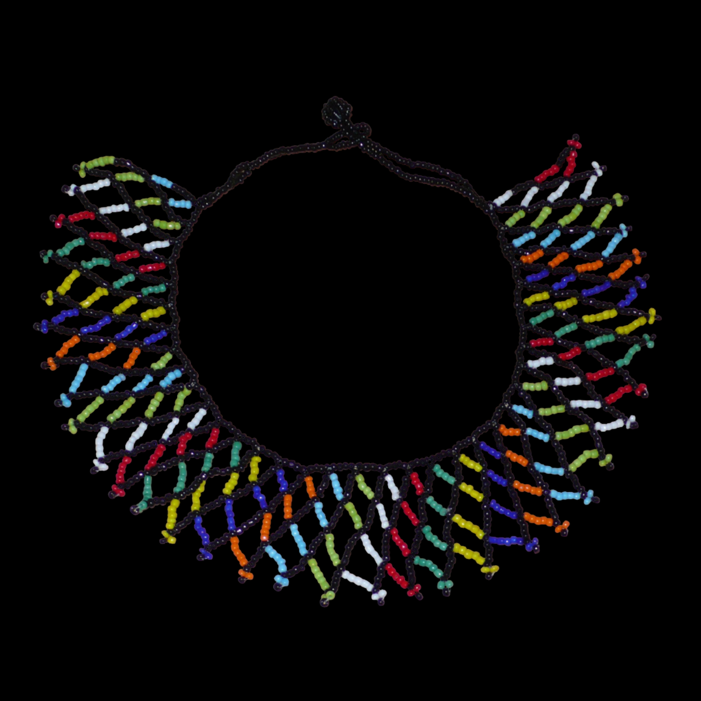 Collier africain traditionnel zoulou fabriqué en Afrique du Sud composé d'une dentelle de perles de rocaille noires et multicolores.