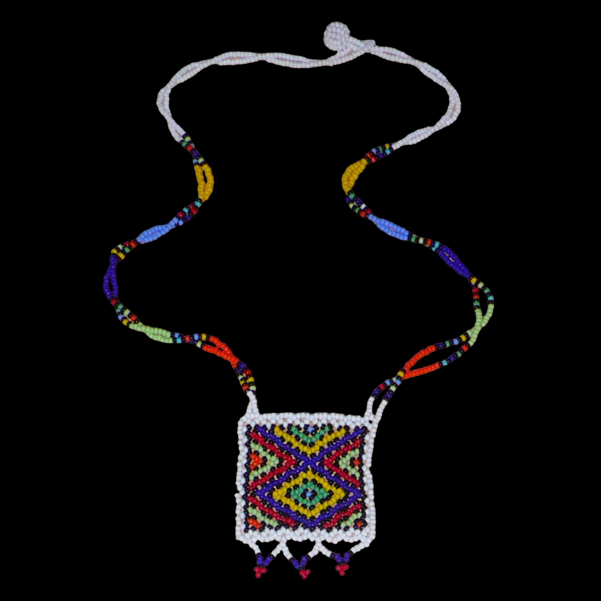 Collier africain zoulou avec pendentif ; fabriqué en Afrique du Sud, il se compose d'un tissage traditionnel de perles de rocaille blanches et multicolores.