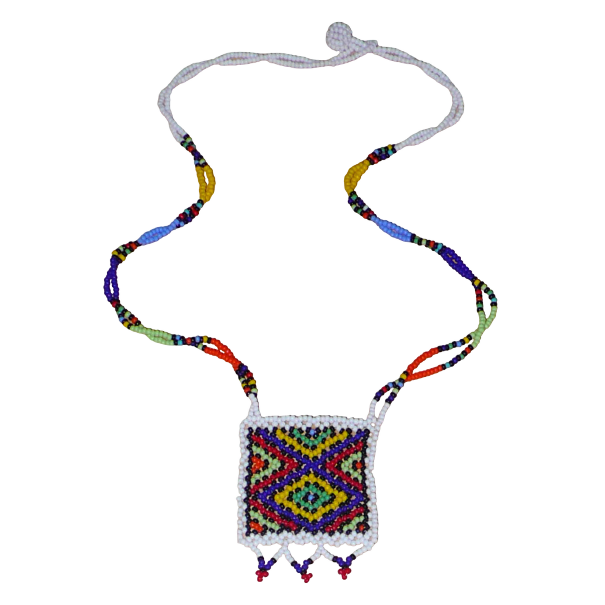 Collier africain zoulou avec pendentif ; fabriqué en Afrique du Sud, il se compose d'un tissage traditionnel de perles de rocaille blanches et multicolores.
