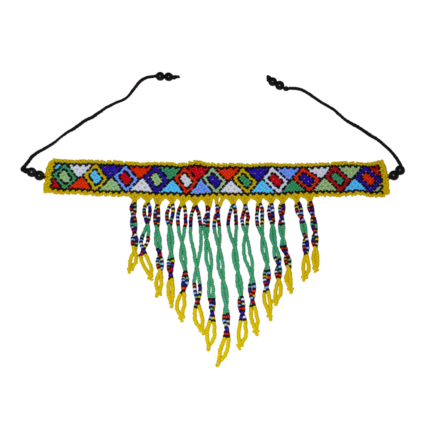 Collier ras de cou sud-africain à franges perlées et à motifs ethniques zoulous composé de perles de rocaille vertes, jaunes et multicolores.