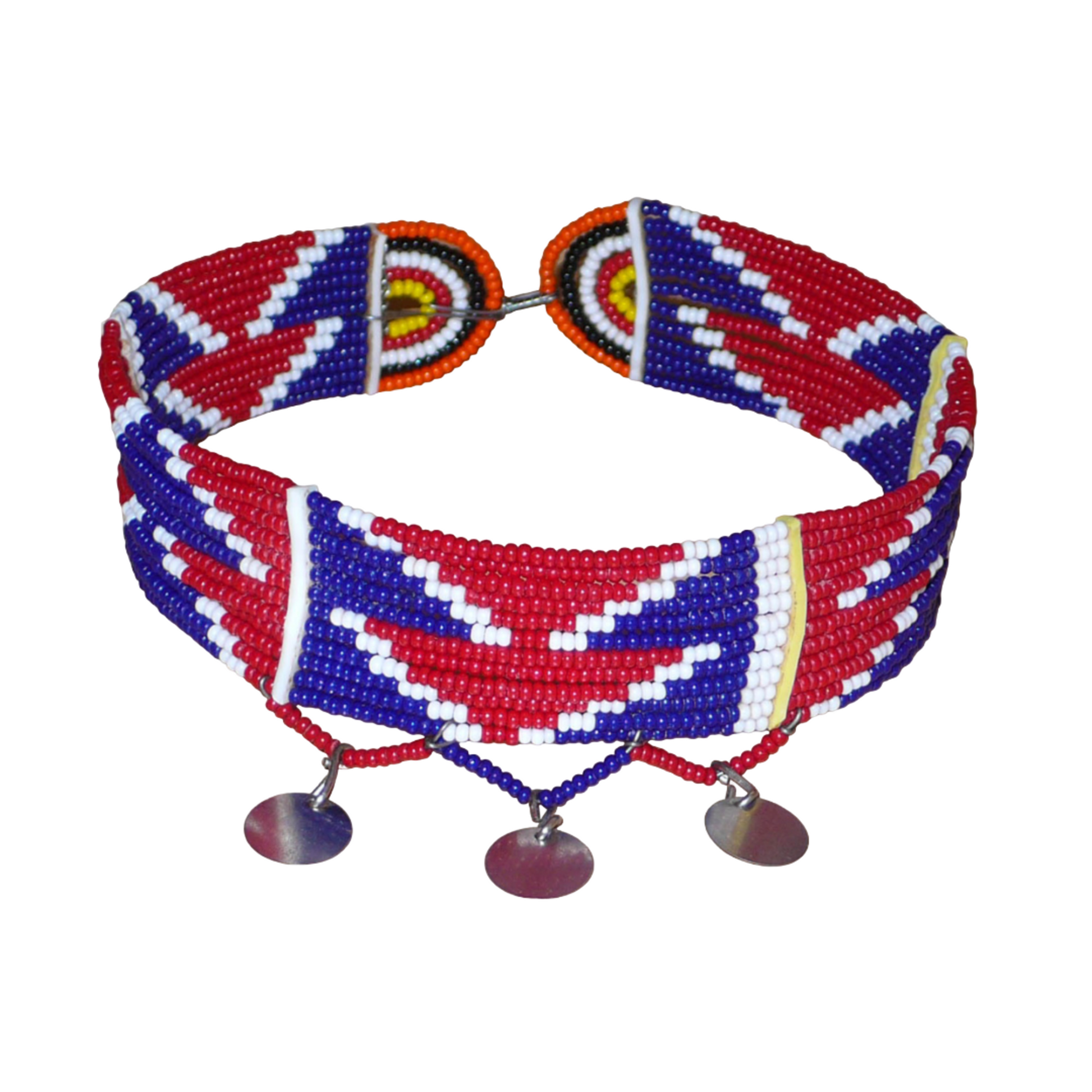Collier africain Massai multi-rangs composé de douze rangées de perles de rocailles principalement rouges, bleues et blanches.