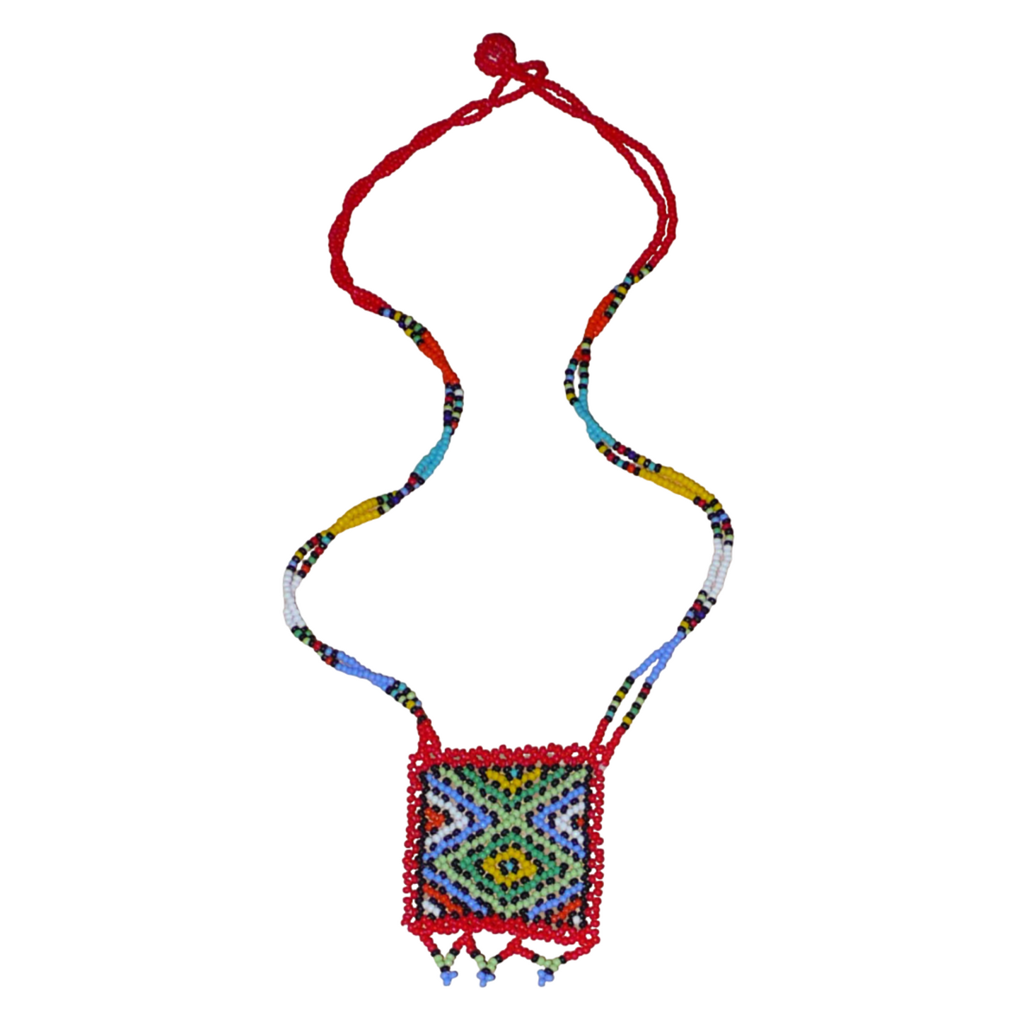 Collier de perles de tradition sud-africaine zouloue orné d'un pendentif composé d'un tissage de perles de rocaille rouges et multicolores.