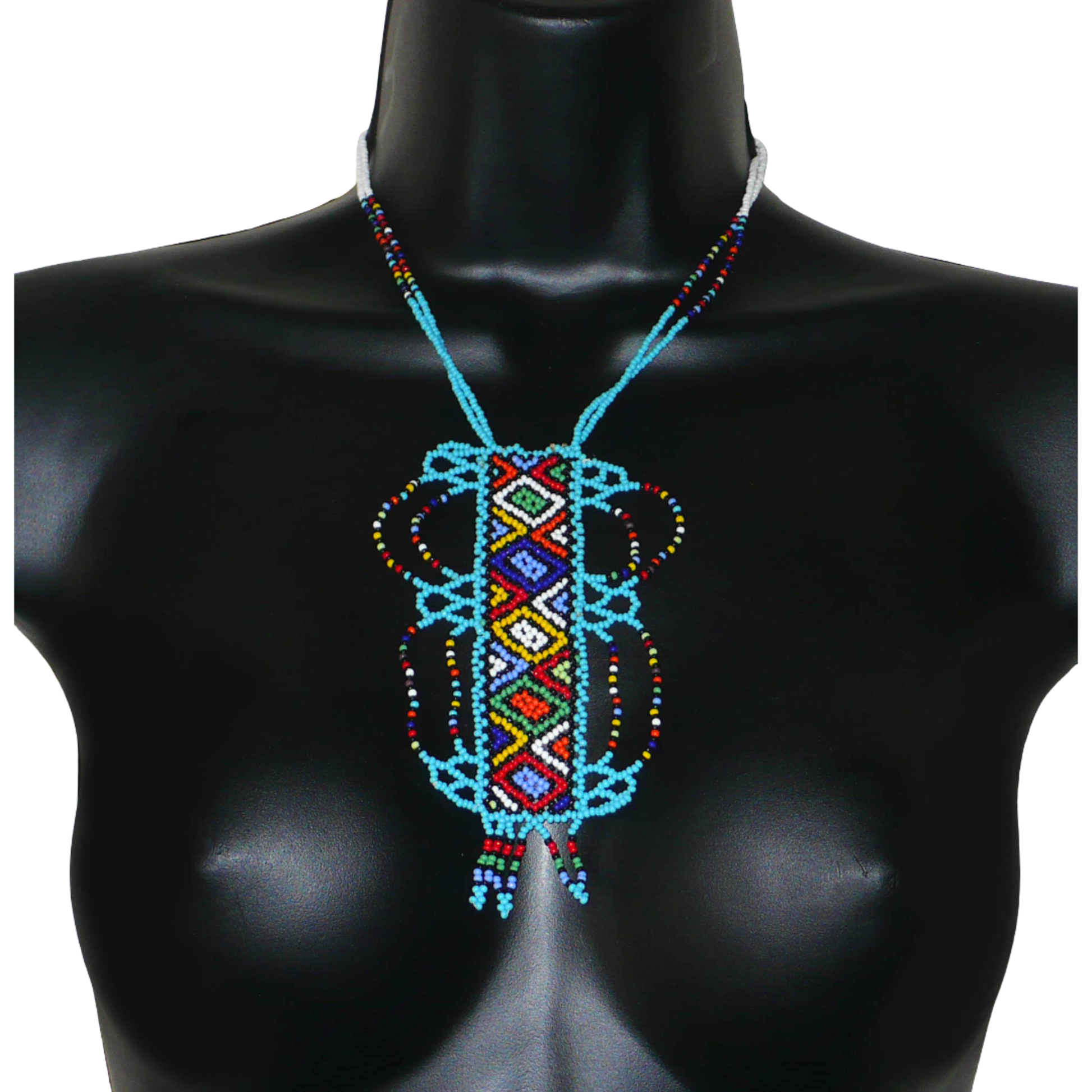 Collier sud-africain traditionnel bleu et multicolore agrémenté d'un long et large pendentif décoré de motifs ethniques zoulous.
