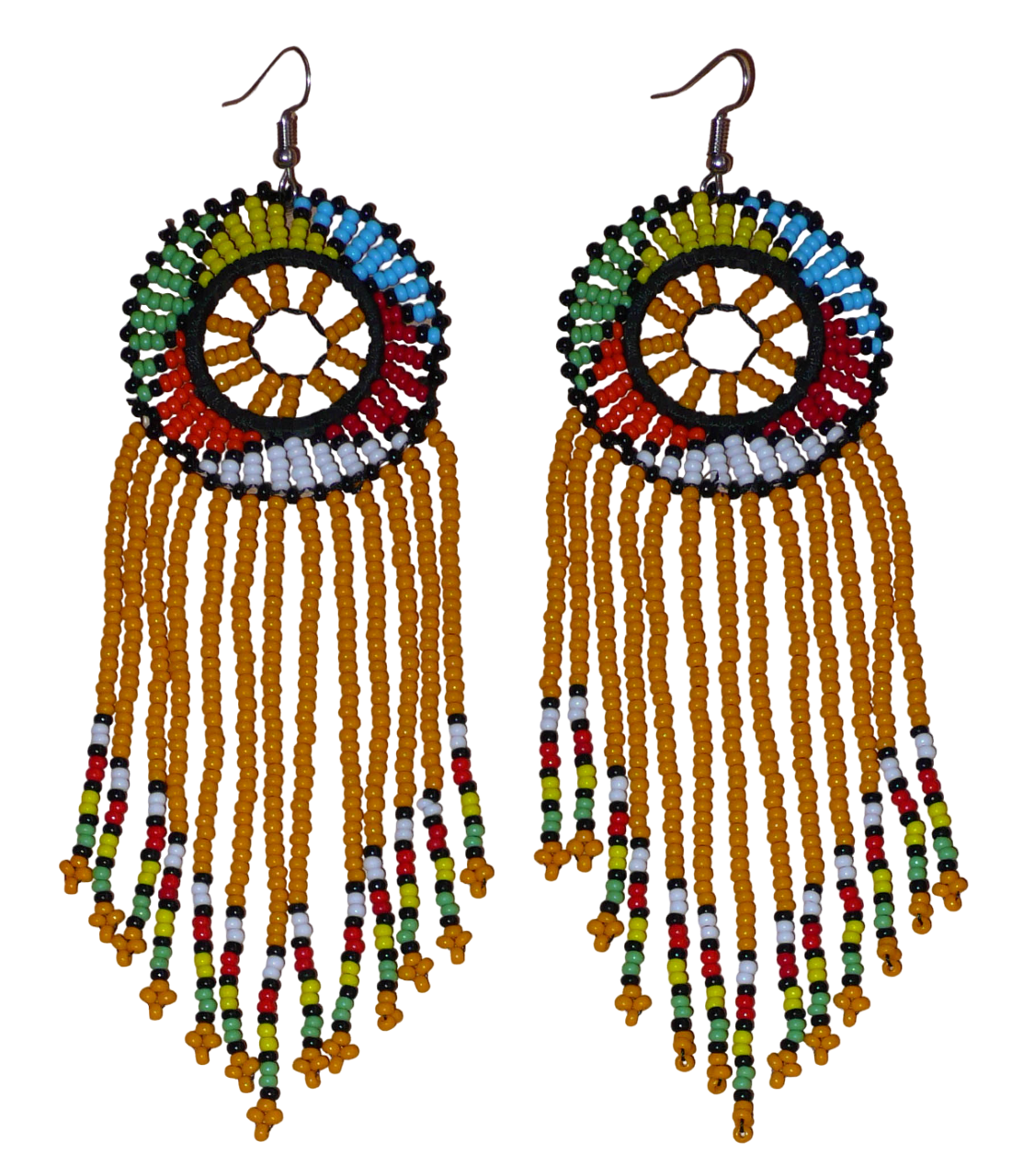 Longues boucles d'oreilles africaines à franges faites de perles orange et multicolores. Elles mesurent 15 cm de long et 4.5 cm de large.