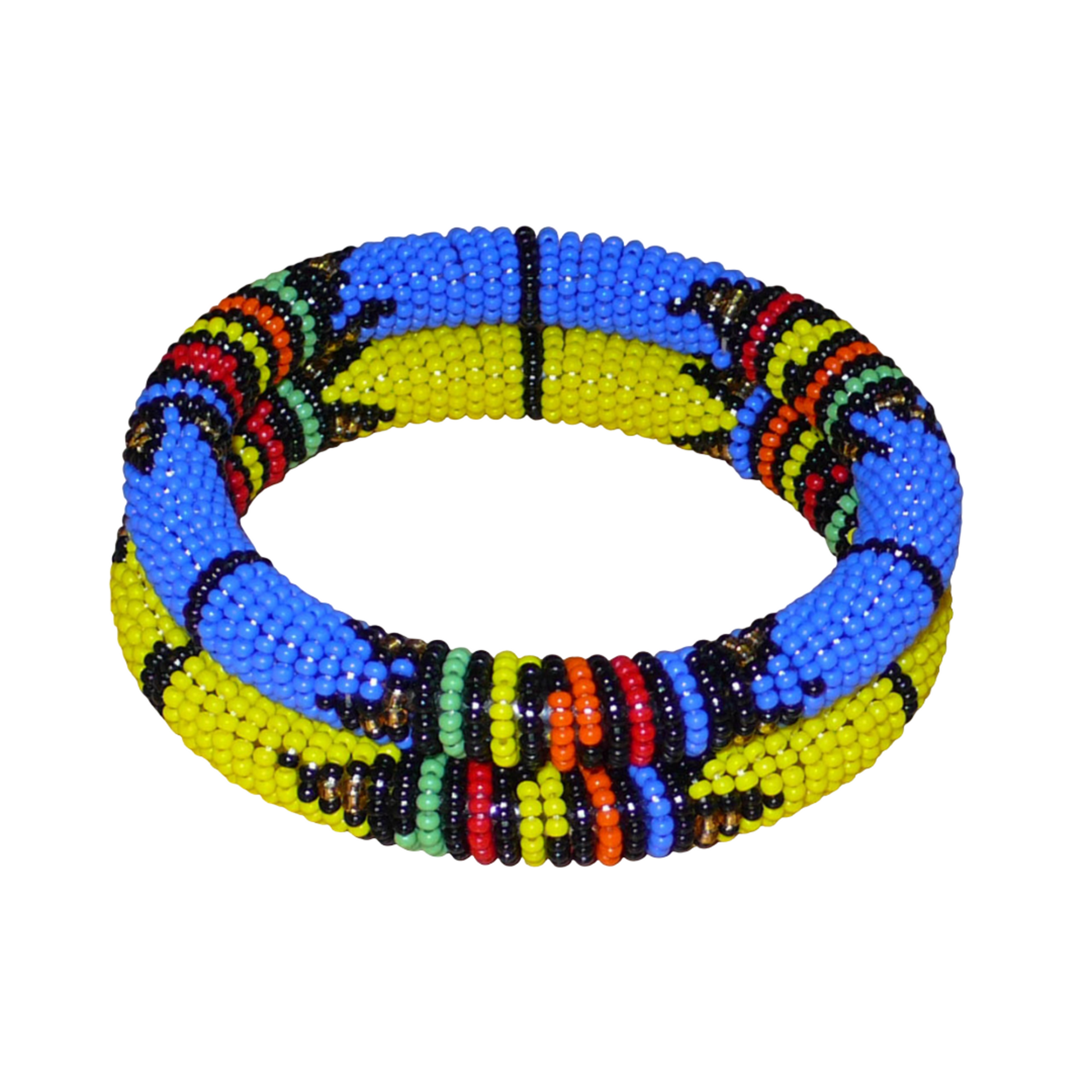 Lot de deux bracelets tubulaires de tradition sud-africaine zouloue, composés de perles de rocaille bleues pour l'un et jaunes pour l'autre, et de perles multicolores pour les motifs.
