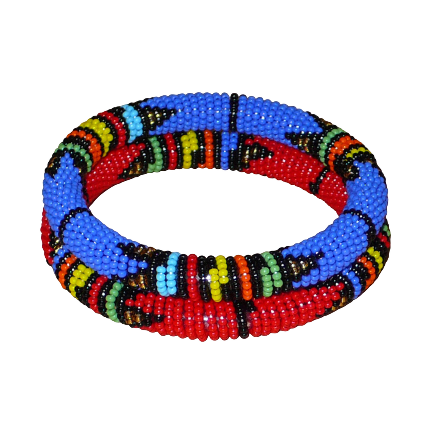 Lot de deux bracelets tubulaires à motifs ethniques de tradition sud-africaine zouloue, composés de perles de rocaille bleues pour l'un et rouges pour l'autre, et de perles multicolores.