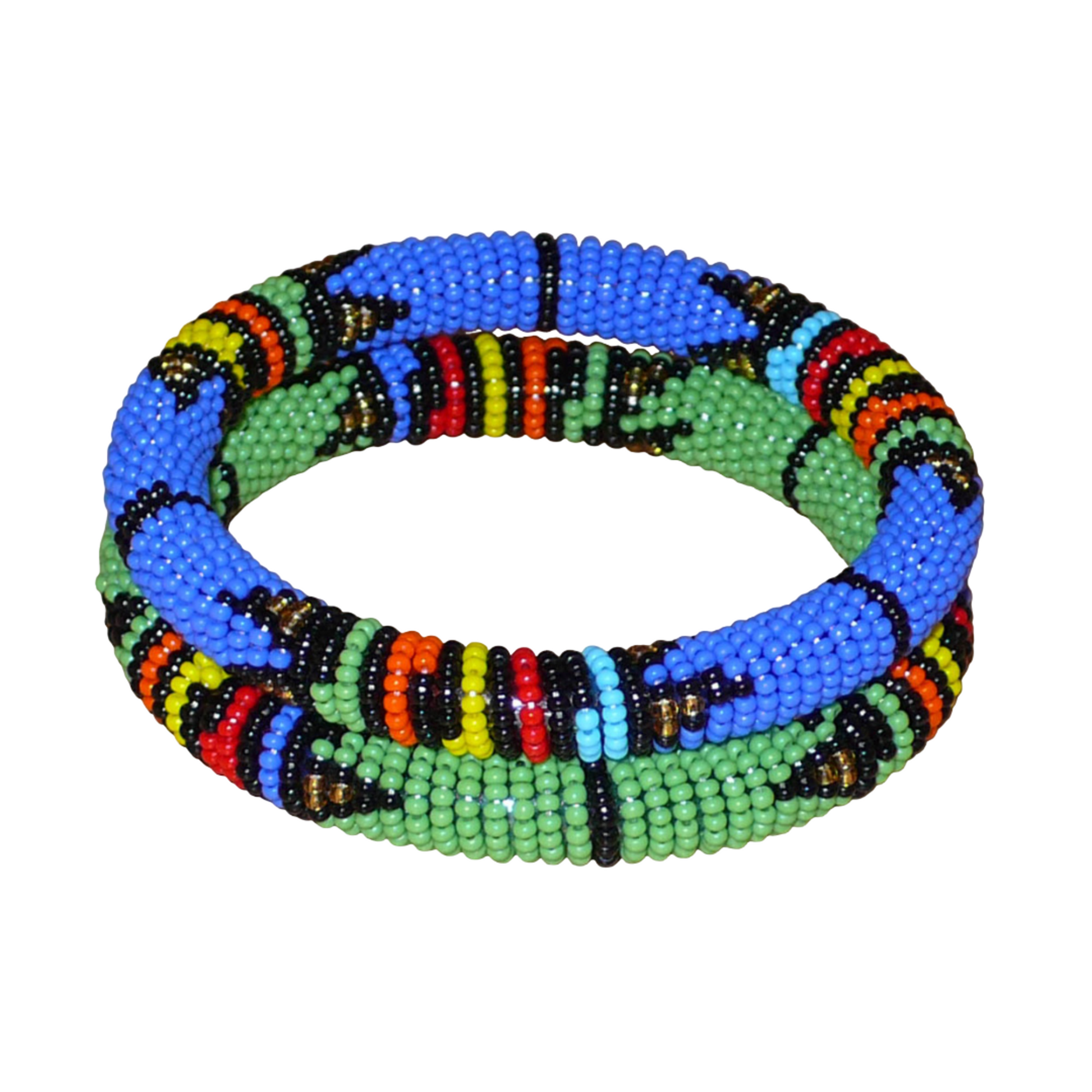 Lot de deux bracelets tubulaires de tradition sud-africaine zouloue, composés de perles de rocaille bleues pour l'un et vertes pour l'autre, et de perles multicolores pour les motifs.