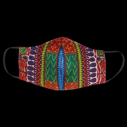 Masque textile ajusté, coupé et cousu dans un tissu africain en coton imprimé de motifs ethniques multicolores ; il se porte avec des élastiques. Fabriqué dans une démarche éco-responsable, ce masque est lavable et réutilisable.