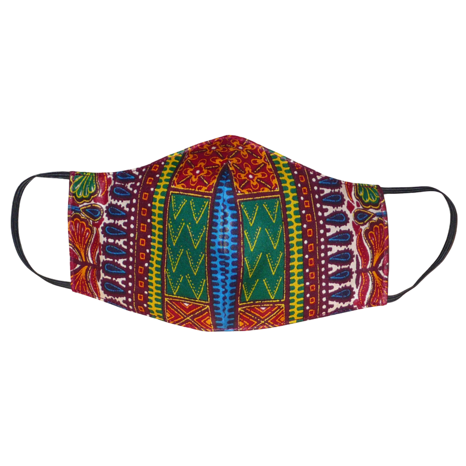 Masque textile ajusté, coupé et cousu dans un tissu africain en coton imprimé de motifs ethniques multicolores ; il se porte avec des élastiques. Fabriqué dans une démarche éco-responsable, ce masque est lavable et réutilisable.