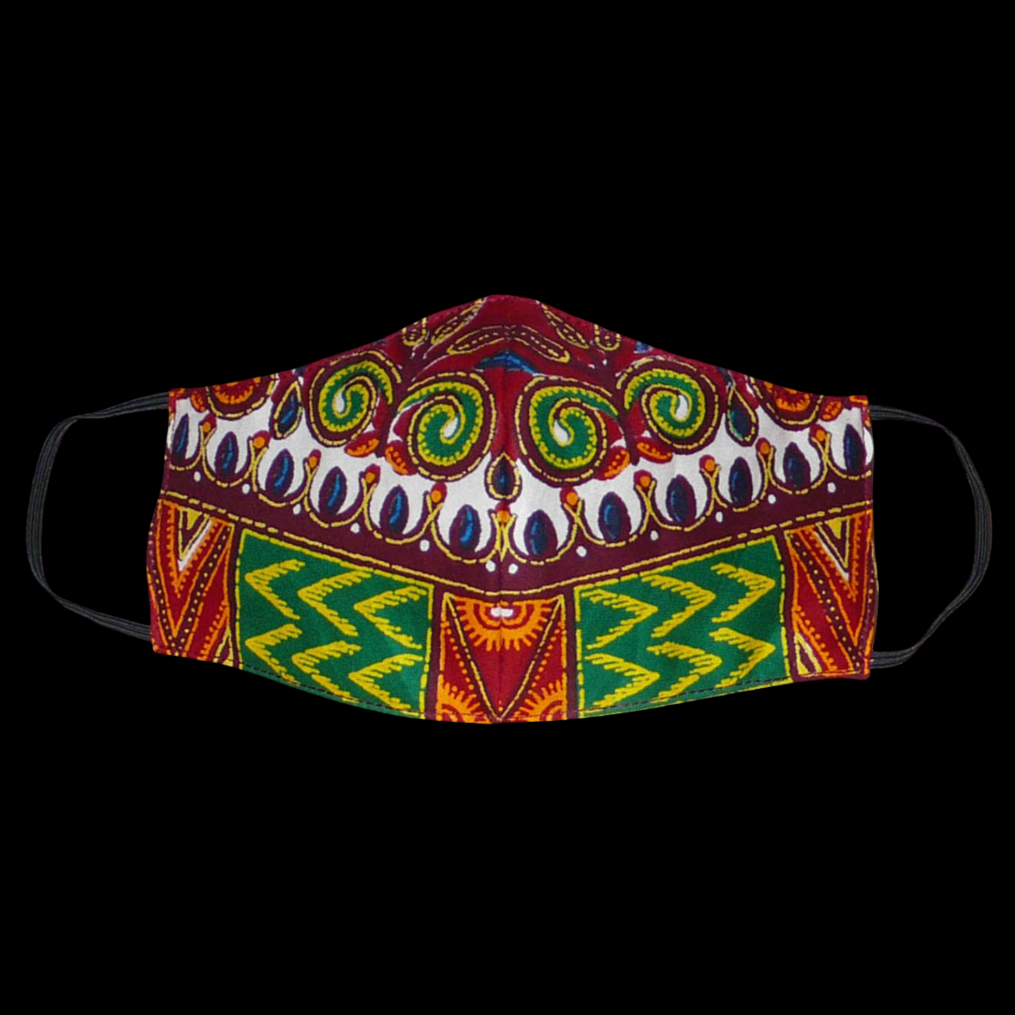 Masque textile ajusté, coupé et cousu dans un tissu africain en coton imprimé de motifs ethniques et floraux multicolores ; il se porte avec des élastiques. Fabriqué dans une démarche éco-responsable, ce masque est lavable et réutilisable.