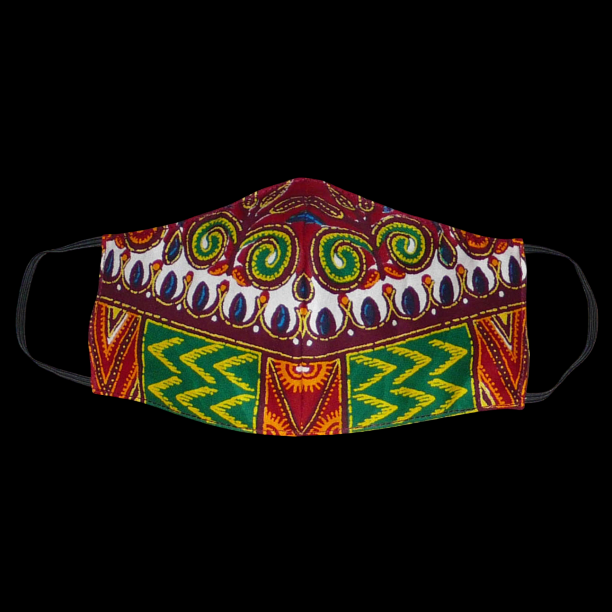 Masque textile ajusté, coupé et cousu dans un tissu africain en coton imprimé de motifs ethniques et floraux multicolores ; il se porte avec des élastiques. Fabriqué dans une démarche éco-responsable, ce masque est lavable et réutilisable.