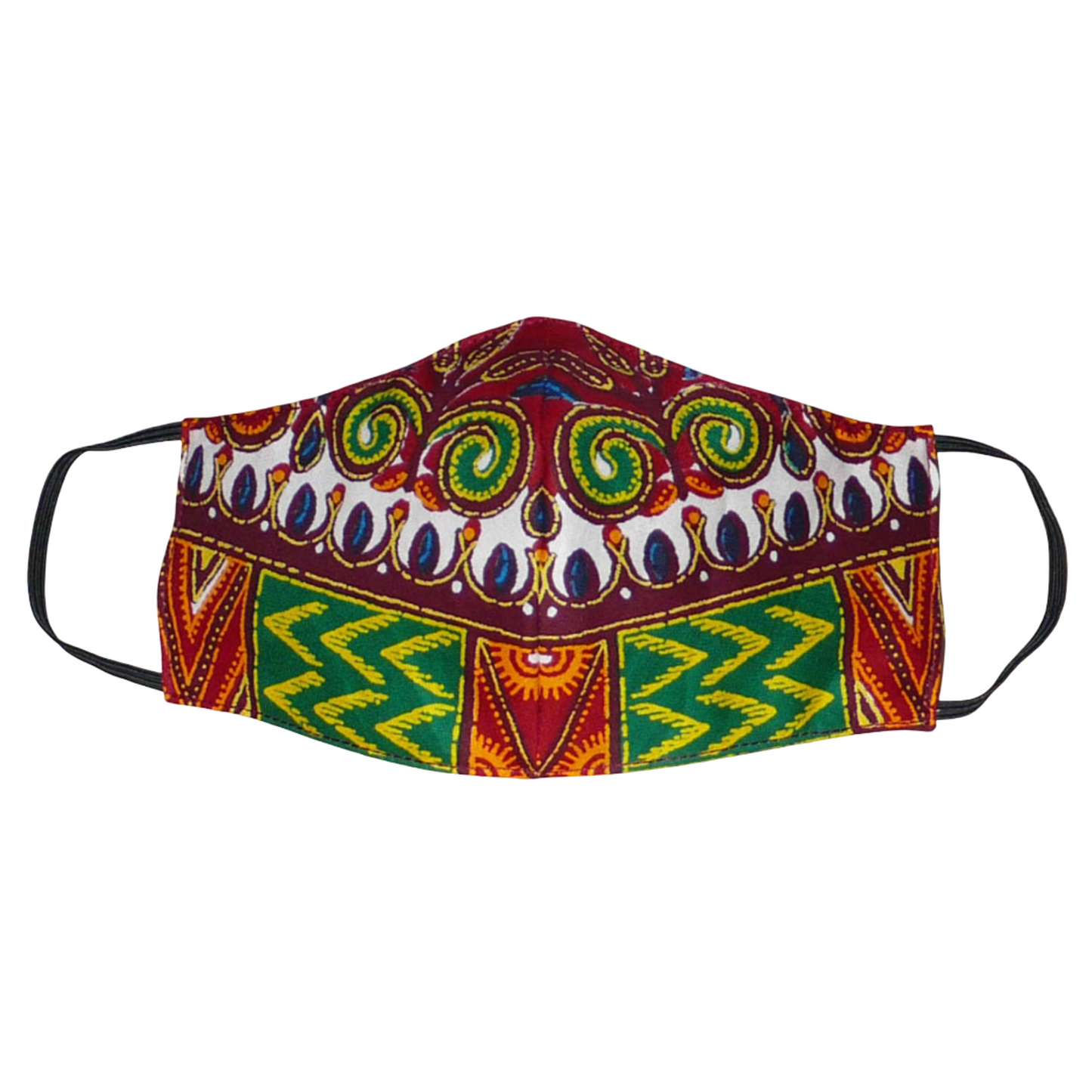 Masque textile ajusté, coupé et cousu dans un tissu africain en coton imprimé de motifs ethniques et floraux multicolores ; il se porte avec des élastiques. Fabriqué dans une démarche éco-responsable, ce masque est lavable et réutilisable.