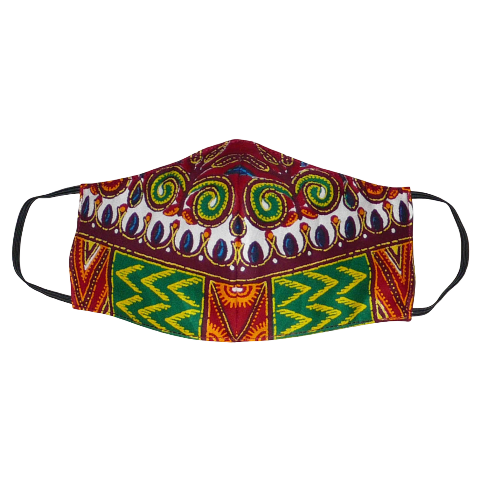 Masque textile ajusté, coupé et cousu dans un tissu africain en coton imprimé de motifs ethniques et floraux multicolores ; il se porte avec des élastiques. Fabriqué dans une démarche éco-responsable, ce masque est lavable et réutilisable.