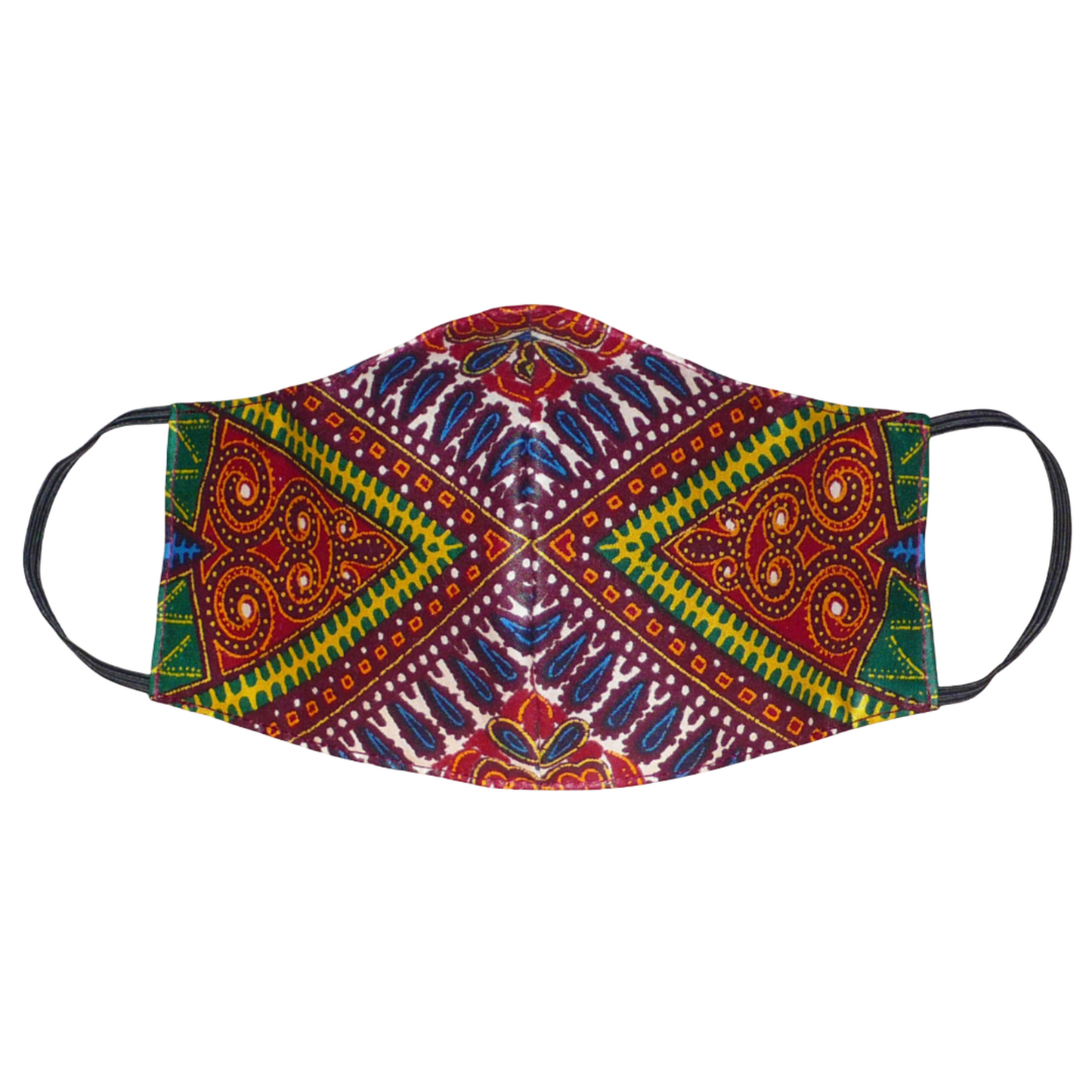 Masque textile ajusté, coupé et cousu dans un superbe tissu africain en coton imprimé de motifs tribaux multicolores ; à porter avec des élastiques. Fabriqué dans l'optique d'une utilisation éco-responsable, ce masque est lavable et réutilisable. Il mesure 21 cm de long, et 40 cm en comptant les élastiques, avec une hauteur de 12 cm (du haut du nez jusqu'au menton) et une largeur sur les côtés de 7 cm.