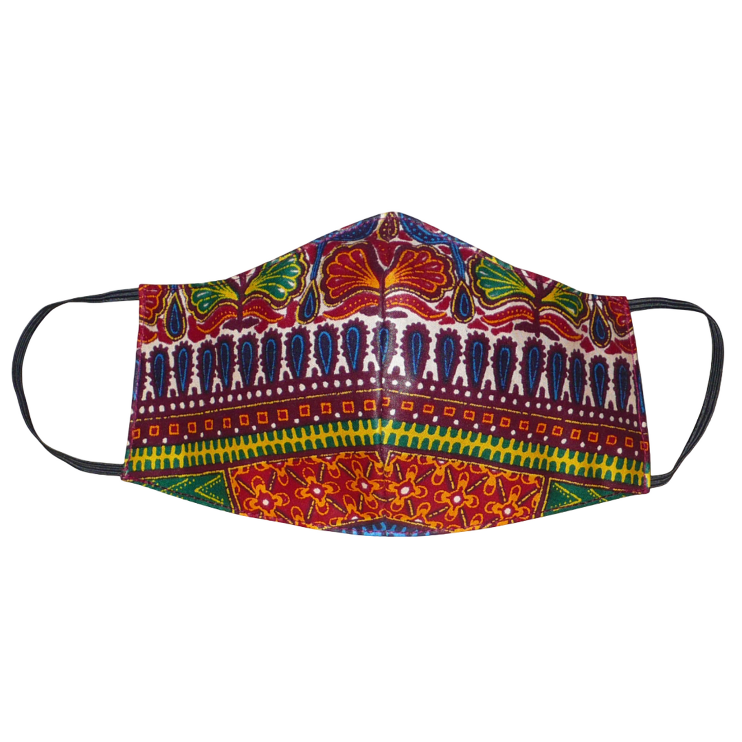 Masque textile en tissu africain en coton imprimé de motifs ethniques multicolores ; il se porte avec des élastiques. Fabriqué dans une démarche éco-responsable, ce masque est lavable et réutilisable.