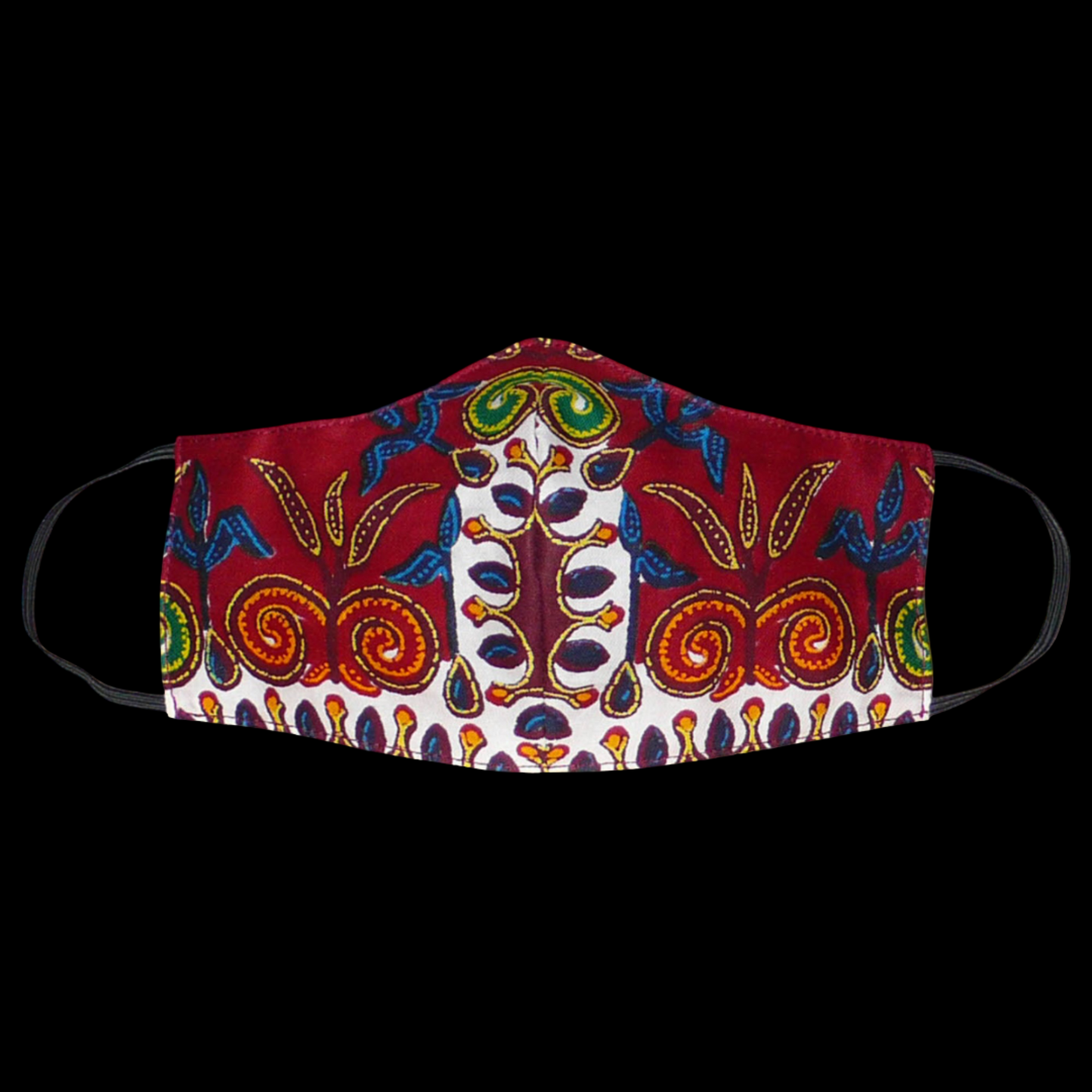 Masque facial textile à la coupe ajustée, cousu dans un superbe tissu africain en coton bordeaux imprimé de motifs exotiques floraux multicolores ; il se porte avec des élastiques.